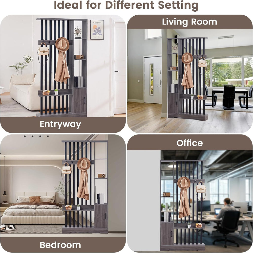 Room Divider with Shelves, Wall Room Divider Bookshelf, Freestanding Wood Privacy Screen with Storage Cabinet, Coat Rack, Display Shelf for Living Room Separation, Home Office Decorative (Grey)