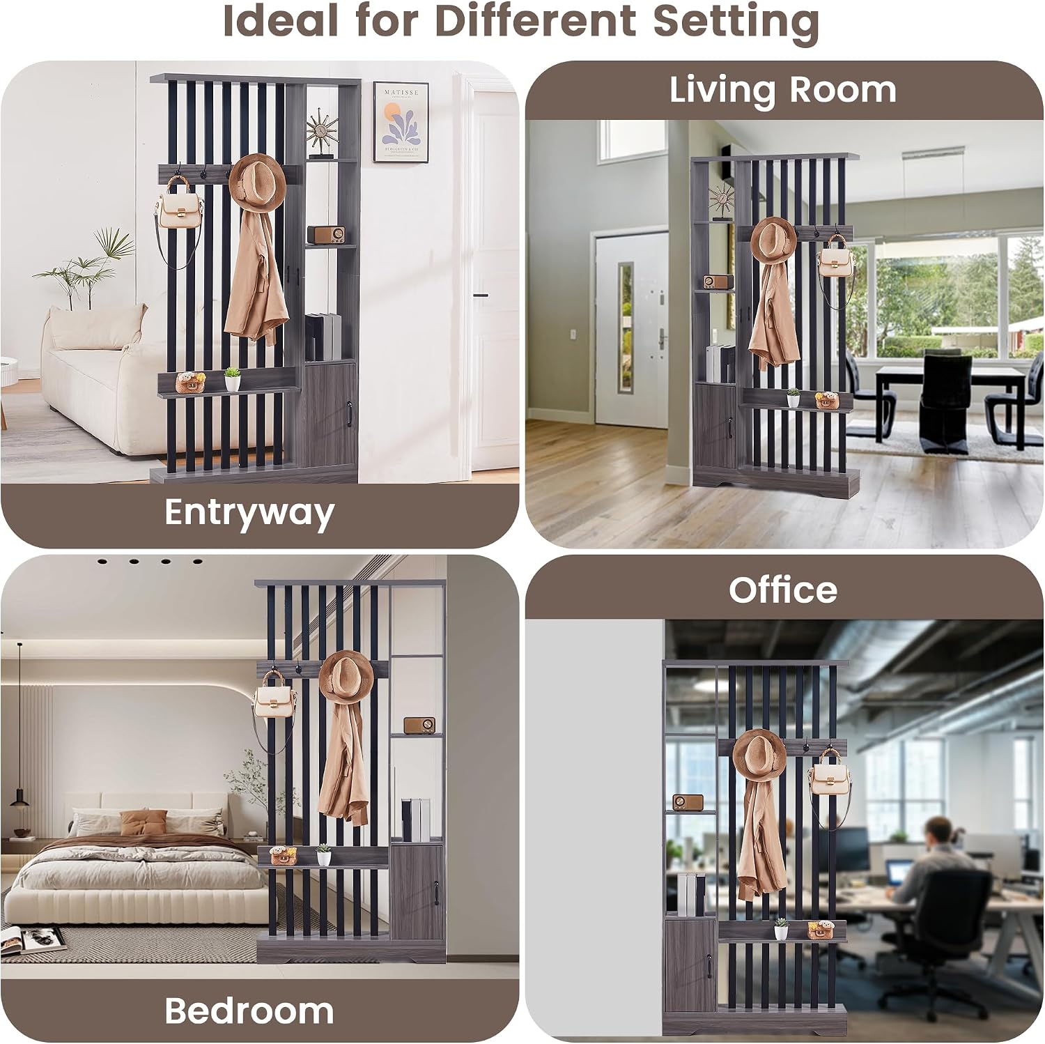 Room Divider with Shelves, Wall Room Divider Bookshelf, Freestanding Wood Privacy Screen with Storage Cabinet, Coat Rack, Display Shelf for Living Room Separation, Home Office Decorative (Grey)