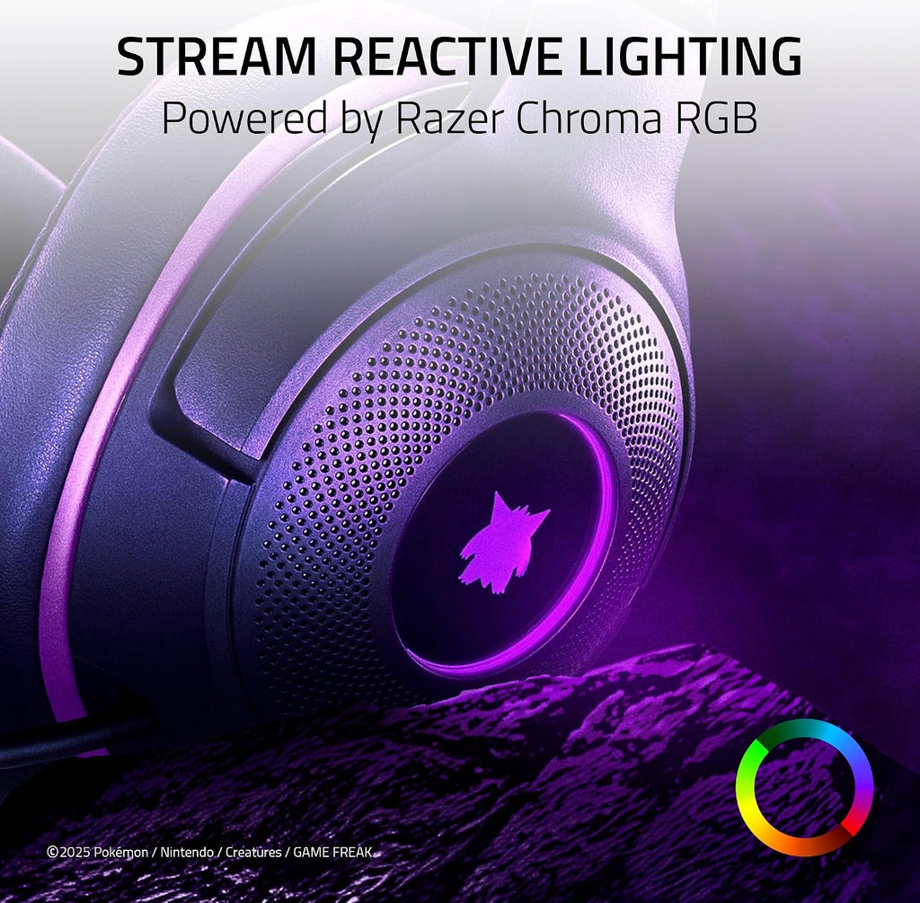Razer Kraken Kitty V2 USB Wired Headset: Gengar Spikes - Stream Reactive Lighting - HyperClear Cardioid Mic - 40 mm Drivers - 7.1 Surround Sound - Comfortable Ear Cushions - Pokemon Gengar Edition