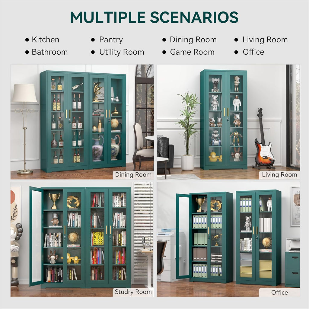 Polup Curio Cabinets with Glass Doors, 71' Glass Display Cabinet with Lock, Tall Bookcase with Adjustable Shelves, Locking China Cabinet for Living Room, School, Commercial, Office, Plant, Green