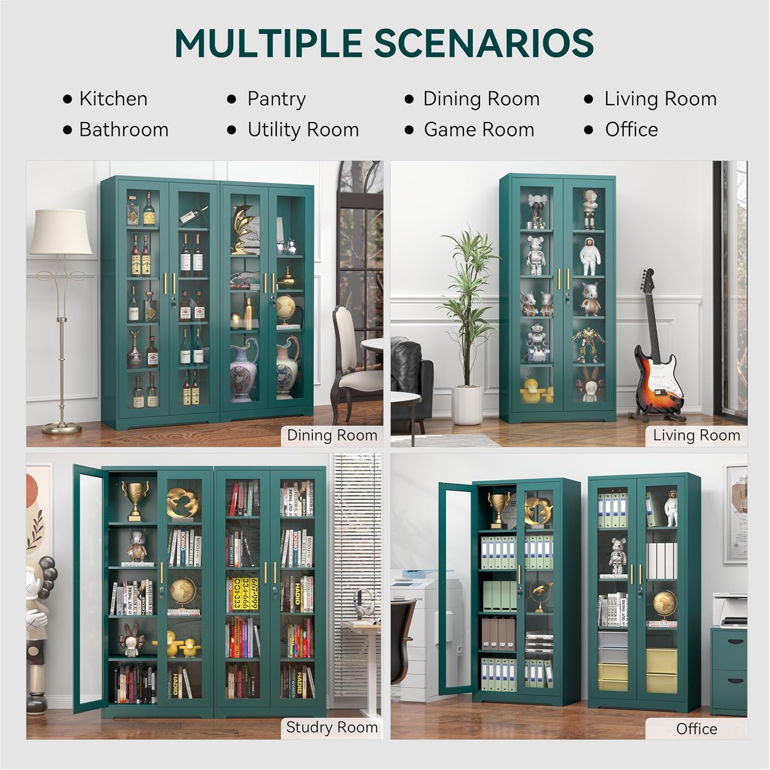 Polup Curio Cabinets with Glass Doors, 71' Glass Display Cabinet with Lock, Tall Bookcase with Adjustable Shelves, Locking China Cabinet for Living Room, School, Commercial, Office, Plant, Green