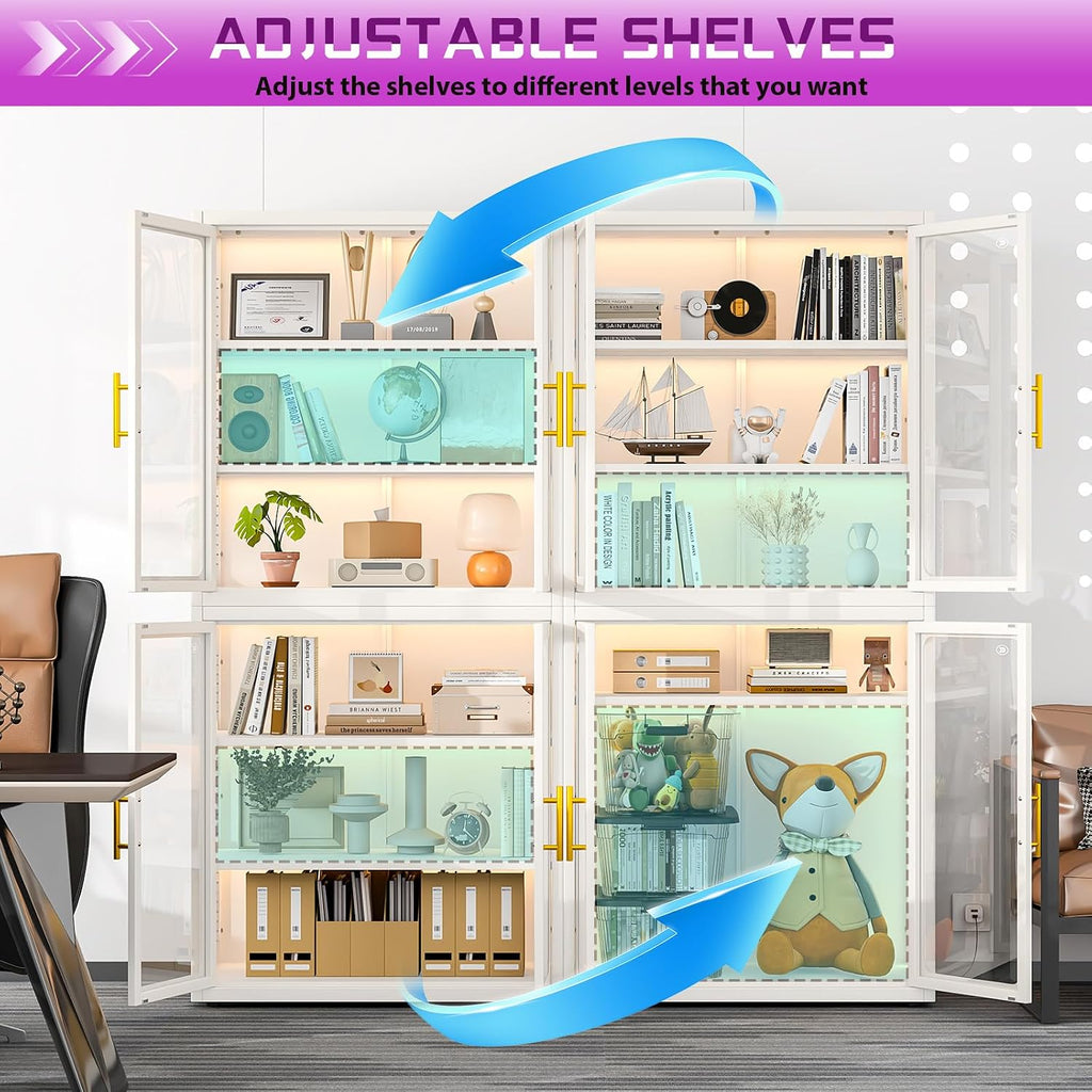 PAOFIN 67' Display Cabinet with Glass Doors, 4-Tier Curio Cabinet with Many Color Lights for Collectibles, Glass Display Case, Bookcase with 4 Shelves, Storage Cabinets, White