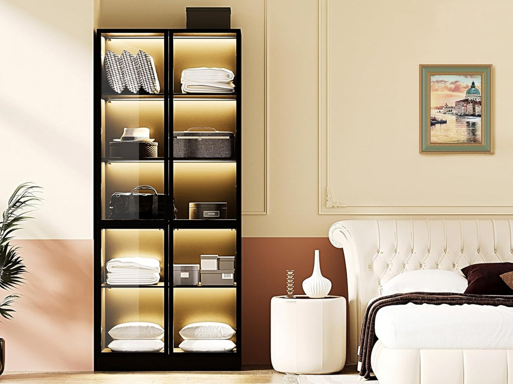 Wildhome Wooden Display Storage Cabinet with Glass Door, LED Lights,Showcase for Collections, Perfume, Vinyl Albums, Bookcase for Home Office, Living Room, Clinic, Pantry (5 Layers-Black)