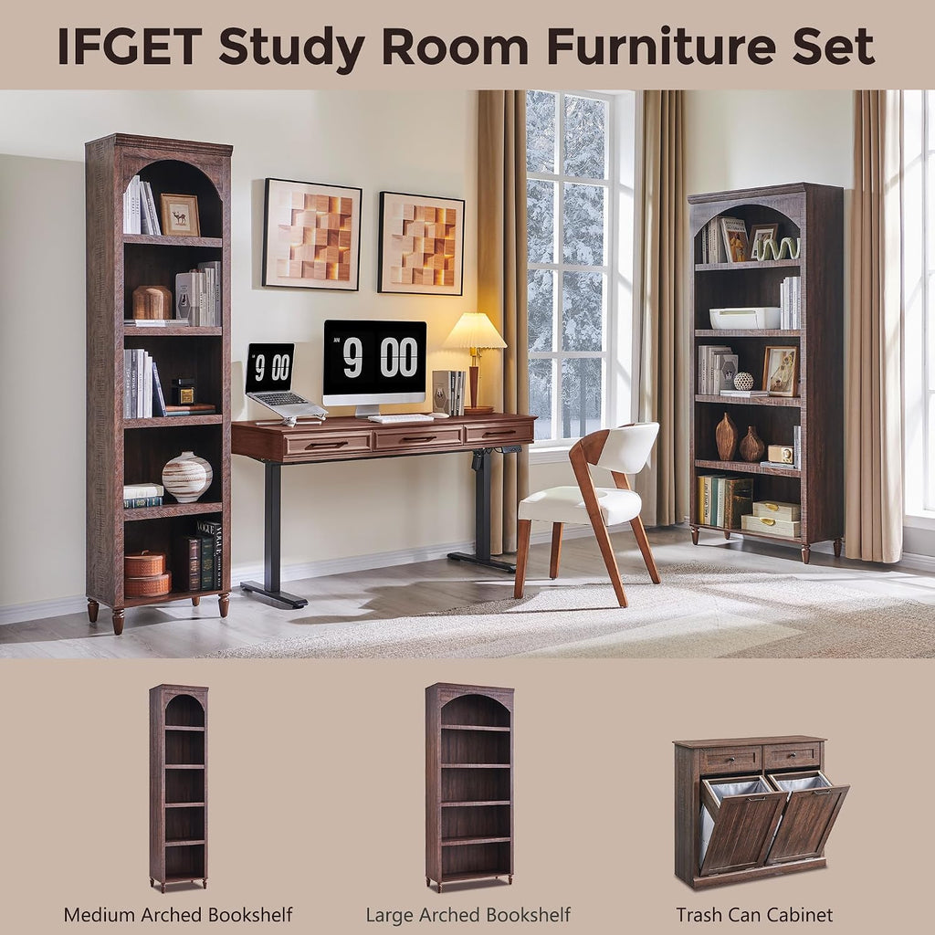 IFGET 76' Tall Arched Bookcase, Farmhouse 5 Tiers Narrow Arched Bookshelf Cabinet with Adjustable Shelves, Modern Wooden Book Shelf w/Storage and Open Display Shelves for Living Room, Office-Brown