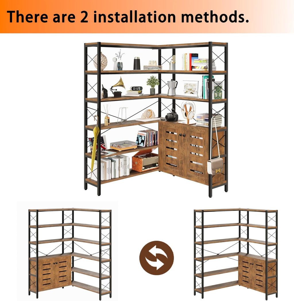 Wildhome 6-Shelf Corner Bookshelf, Vintage Industrial Corner Shelf Etagere Bookcase, Large Book Shelf with Metal Frame Open Storage Corner Cabinet (Brown-Lockers, Large)