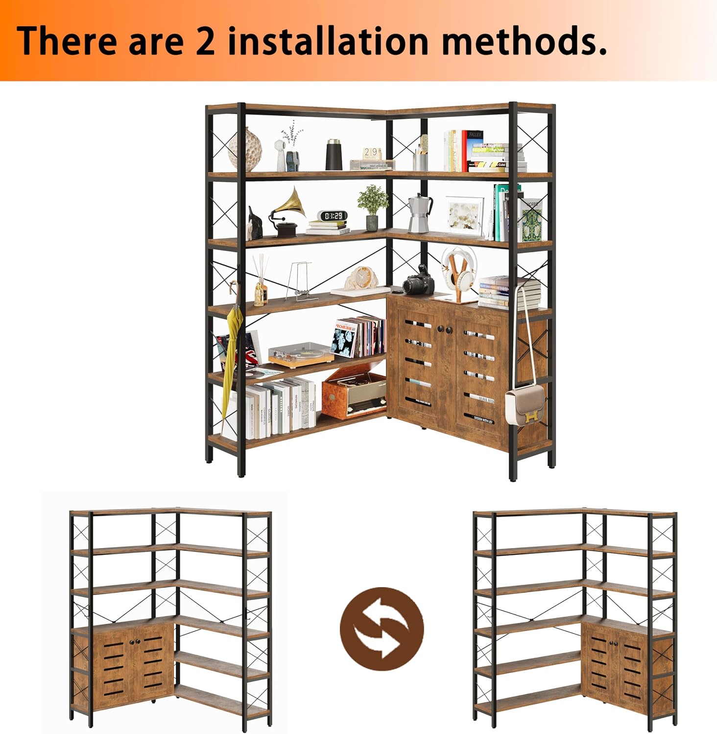 Wildhome 6-Shelf Corner Bookshelf, Vintage Industrial Corner Shelf Etagere Bookcase, Large Book Shelf with Metal Frame Open Storage Corner Cabinet (Brown-Lockers, Large)