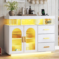 HNEBC LED Sideboard Buffet with Charging Station, Smart Bar Cabinet with Auto RGB Lighted, Coffee Bar with 3 Drawers/Adjustable Shelf for Living Room, Dining Room,Home Storage (White)