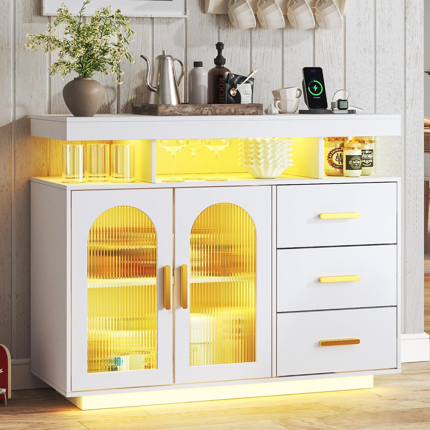 HNEBC LED Sideboard Buffet with Charging Station, Smart Bar Cabinet with Auto RGB Lighted, Coffee Bar with 3 Drawers/Adjustable Shelf for Living Room, Dining Room,Home Storage (White)