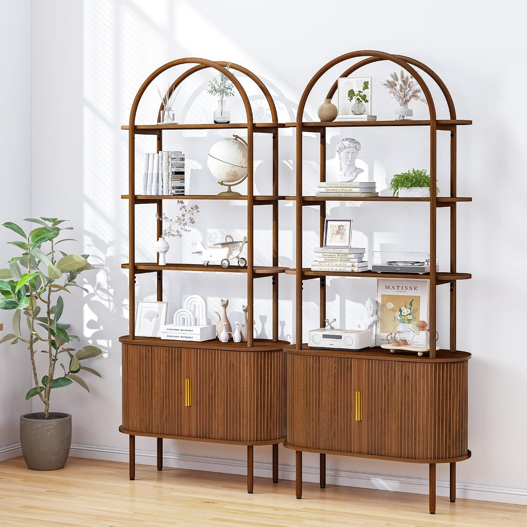 71' Tall Arched Bookshelf with Storage Cabinet, Mid Century Modern Bookcase Cabinet, Curved Frame Bookcase, Industrial Storage Display Shelving for Living Room, Bedroom, Home Office (Walnut Brown)