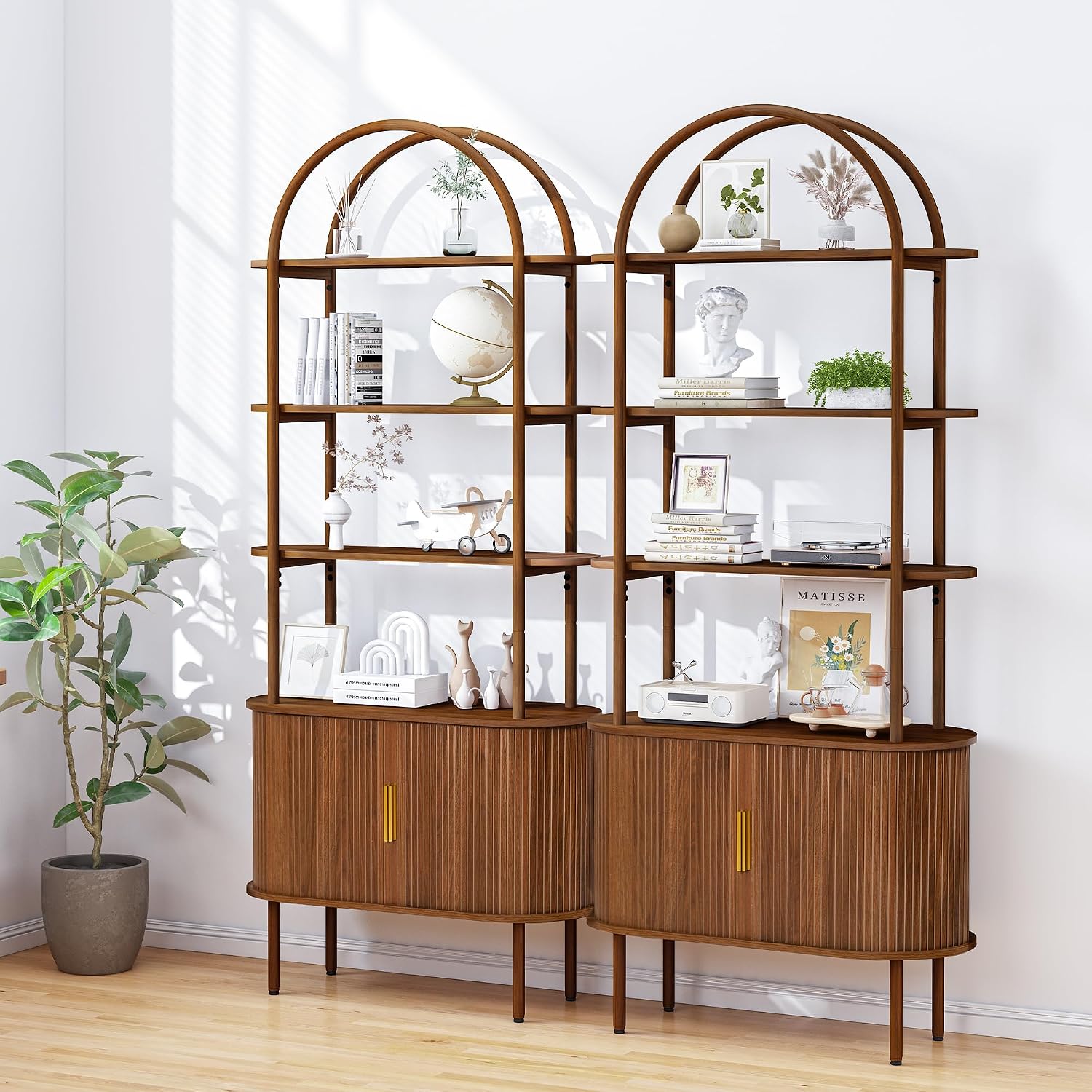 71' Tall Arched Bookshelf with Storage Cabinet, Mid Century Modern Bookcase Cabinet, Curved Frame Bookcase, Industrial Storage Display Shelving for Living Room, Bedroom, Home Office (Walnut Brown)