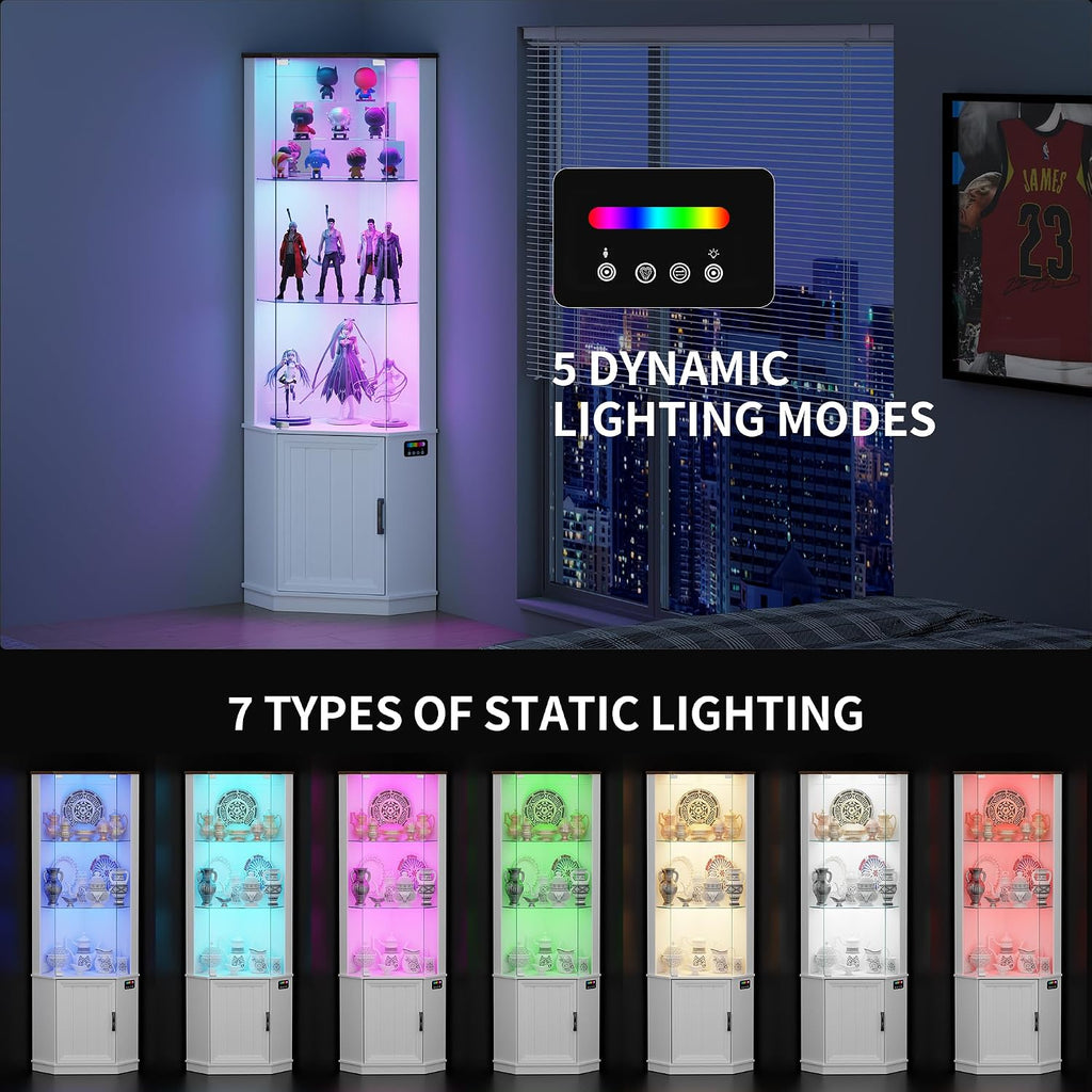 Lvifur 69' Corner Display Cabinet with RGB Lights,3-Tier Movable Glass Shelves,Curio Display with Human Body Sensor,Bookcase with Storage Cabinet for Toys,Books,Collectibles,Liquor,White