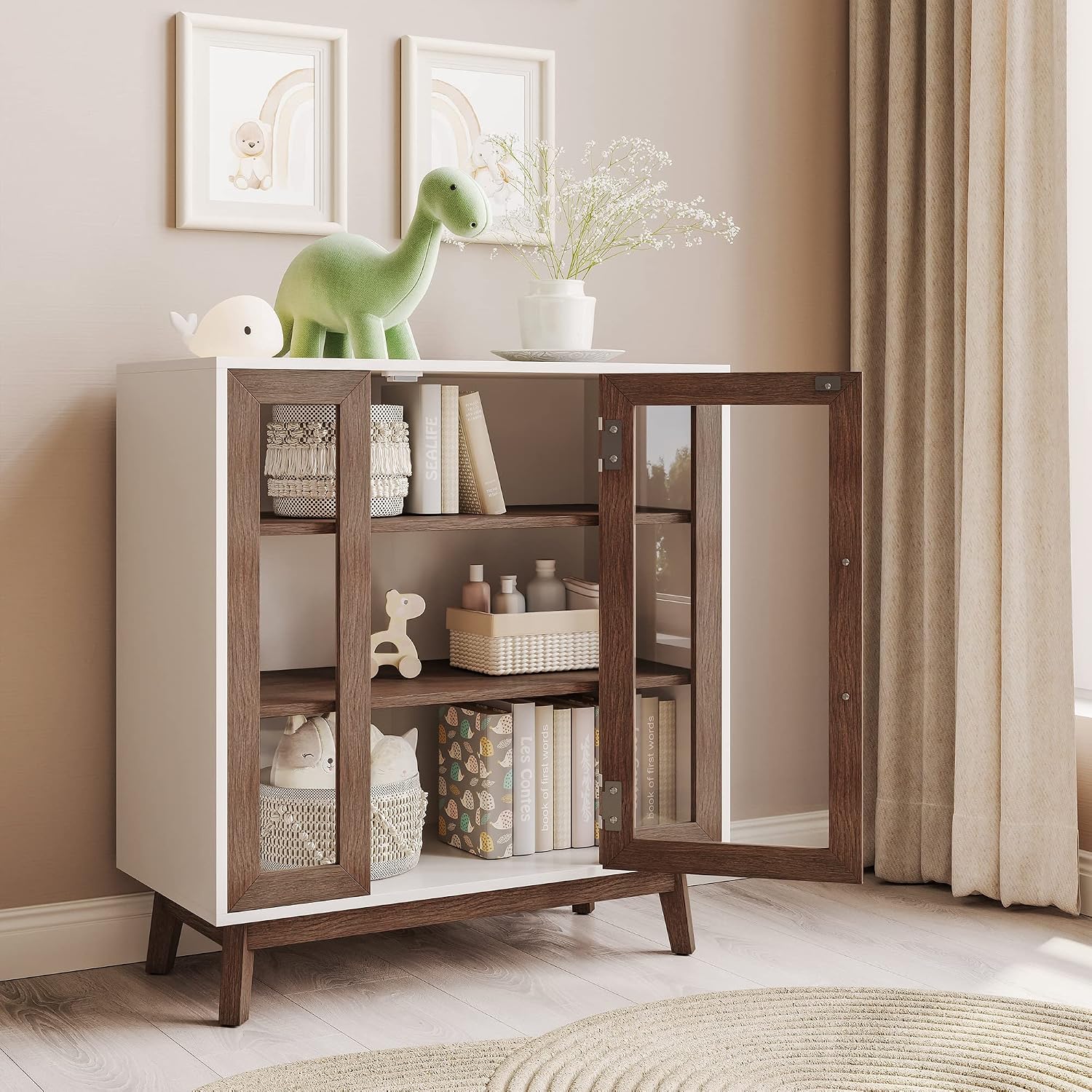 BELLEZE Modern Curio Cabinet, 3-Tiers Console Table, Brown, 31 Inch