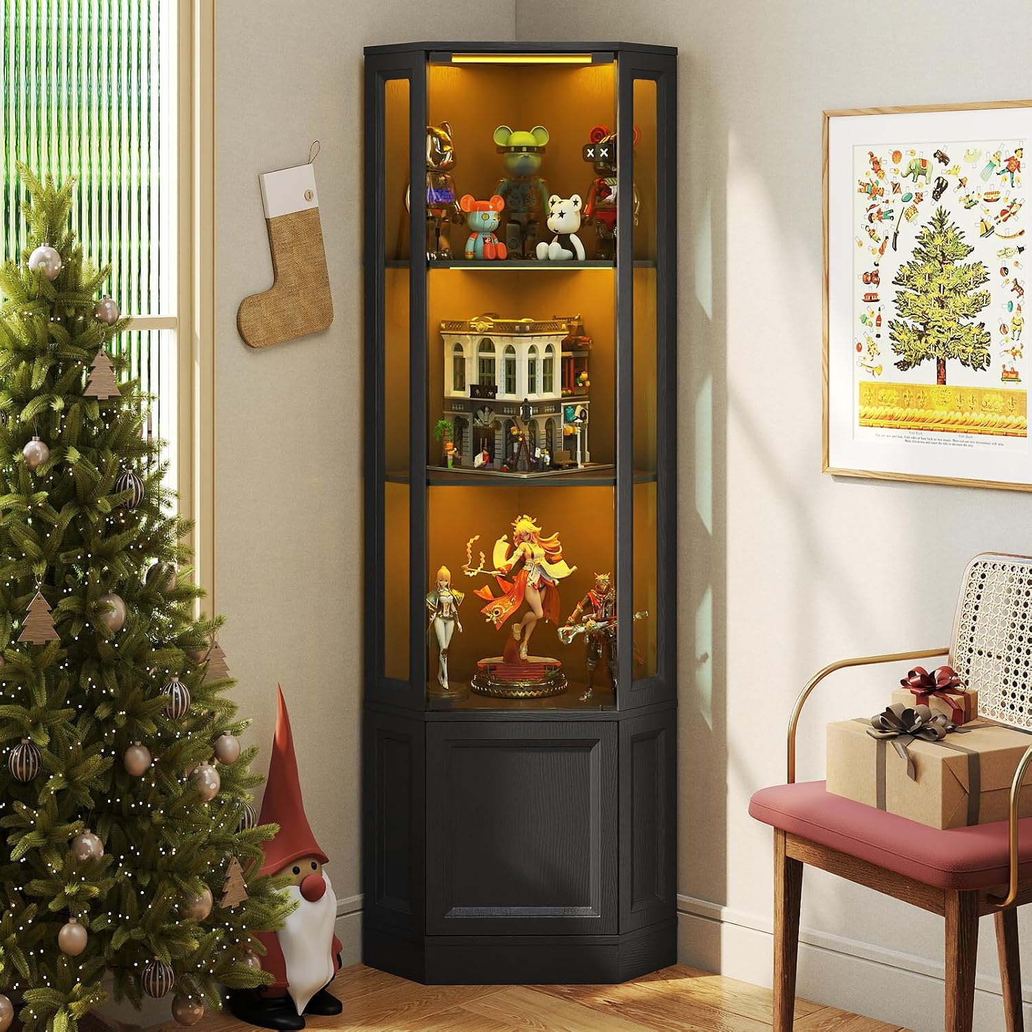 Verano Garden Corner Display Cabinet with Glass Doors, 65' Curio Cabinet w/Multi-Color LED Lights, 4-Tier Lighted Storage Display Case for Collectibles, Showcase Cabinet for Living/Game Room (Black)