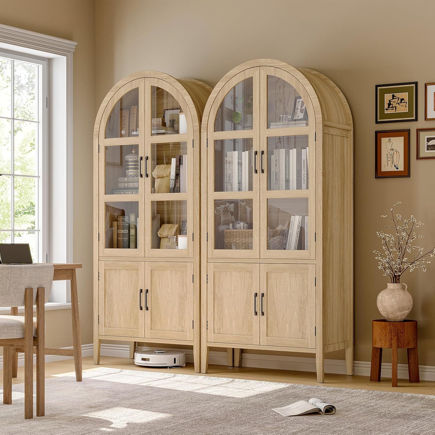 ONBRILL 71' Tall Arched Cabinet, 5-Tier Arched Kitchen Pantry with Glass Doors & Shelves, Modern Display Storage Cabinets with Adjustable Feet, Wooden Pantry Cabinet for Living Room, Dining Room