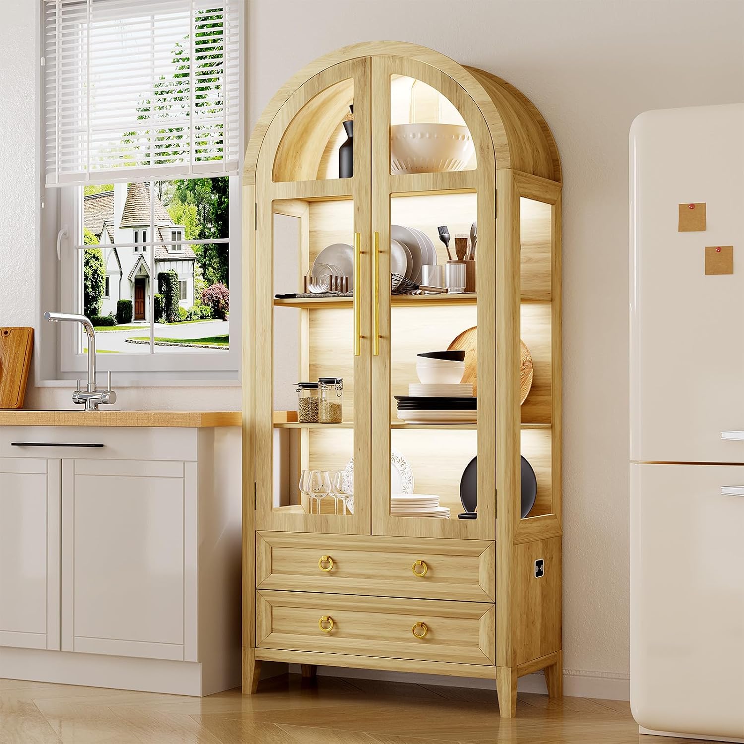 LVSOMT 71' Tall Arched Storage Cabinet with Glass Doors and Drawers, Curio Display Cabinet with Adjustable LED Light & Human Sensor, 4-Tier China Cabinet for Living Room(Wood)