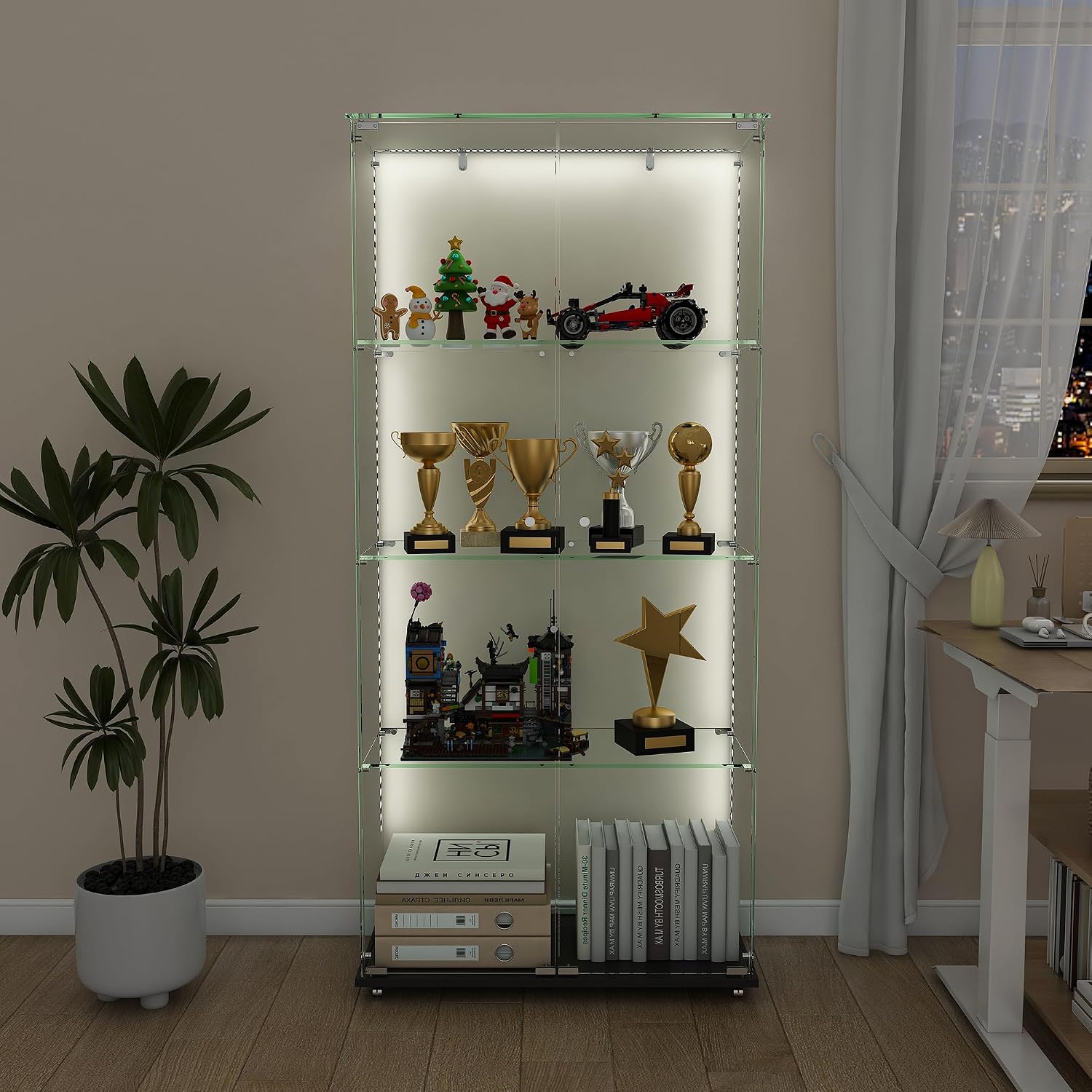 Runboll Glass Display Cabinet 4 Tiers 2 Doors with LED Light, Curio Cabinet with Wheels, Floor Standing Tempered Glass Showcase Display Shelf for Collectibles, Legos, Figures, Plants
