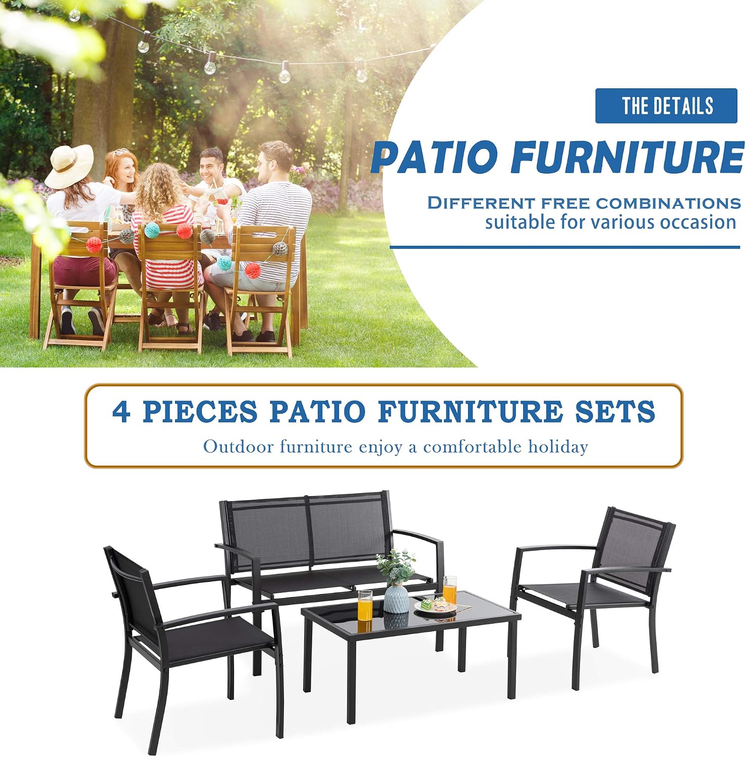 Vongrasig 4 Pieces Patio Furniture Sets,Outdoor Patio Conversation Sets with Glass Coffee Table, Small Porch Balcony Furniture, Patio Table and Chairs Set for Garden, Backyard (Black)