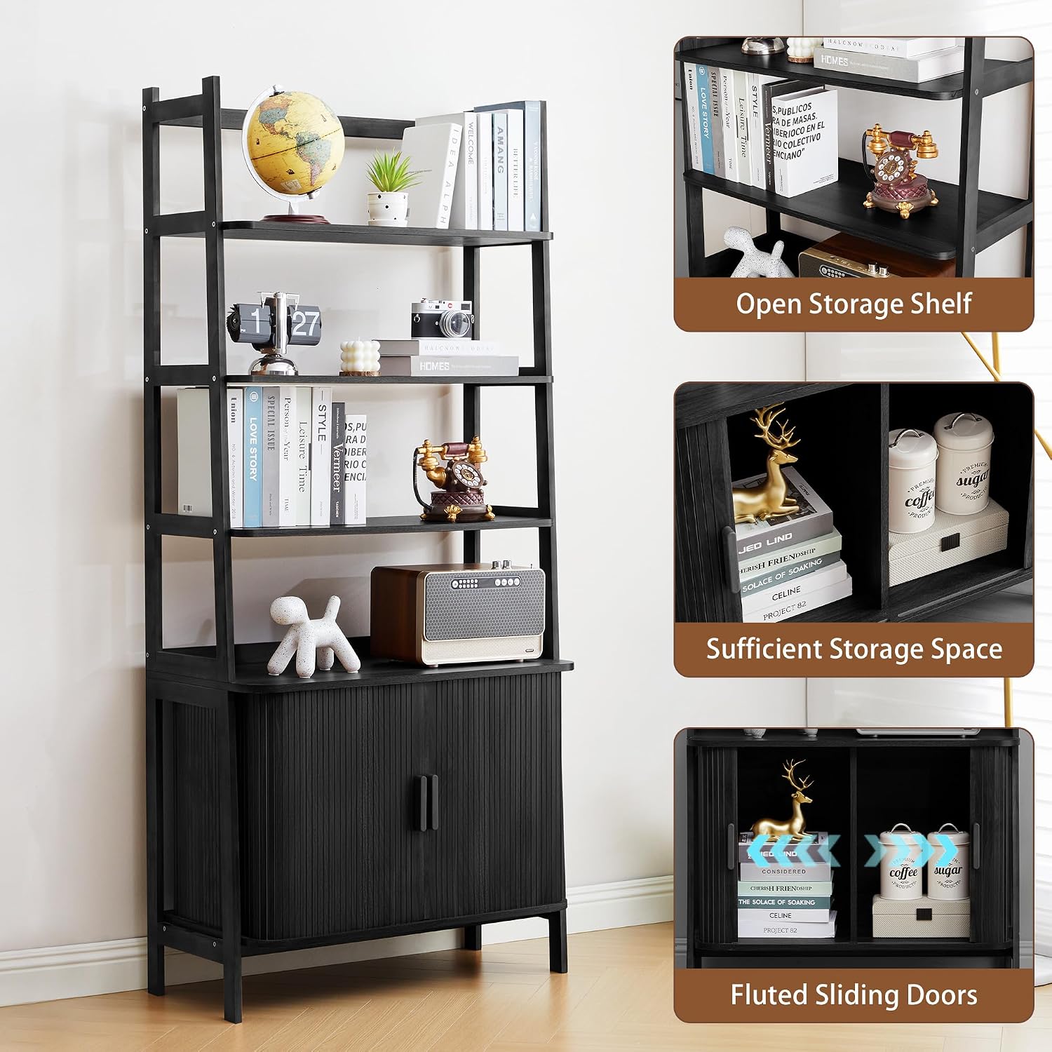 4-Tier Bookshelf, Tall Bookcase with Open Shelf and Sliding Door, 67' Freestanding Storage Organizer Display Cabinet for Living Room, Home Office (Black)