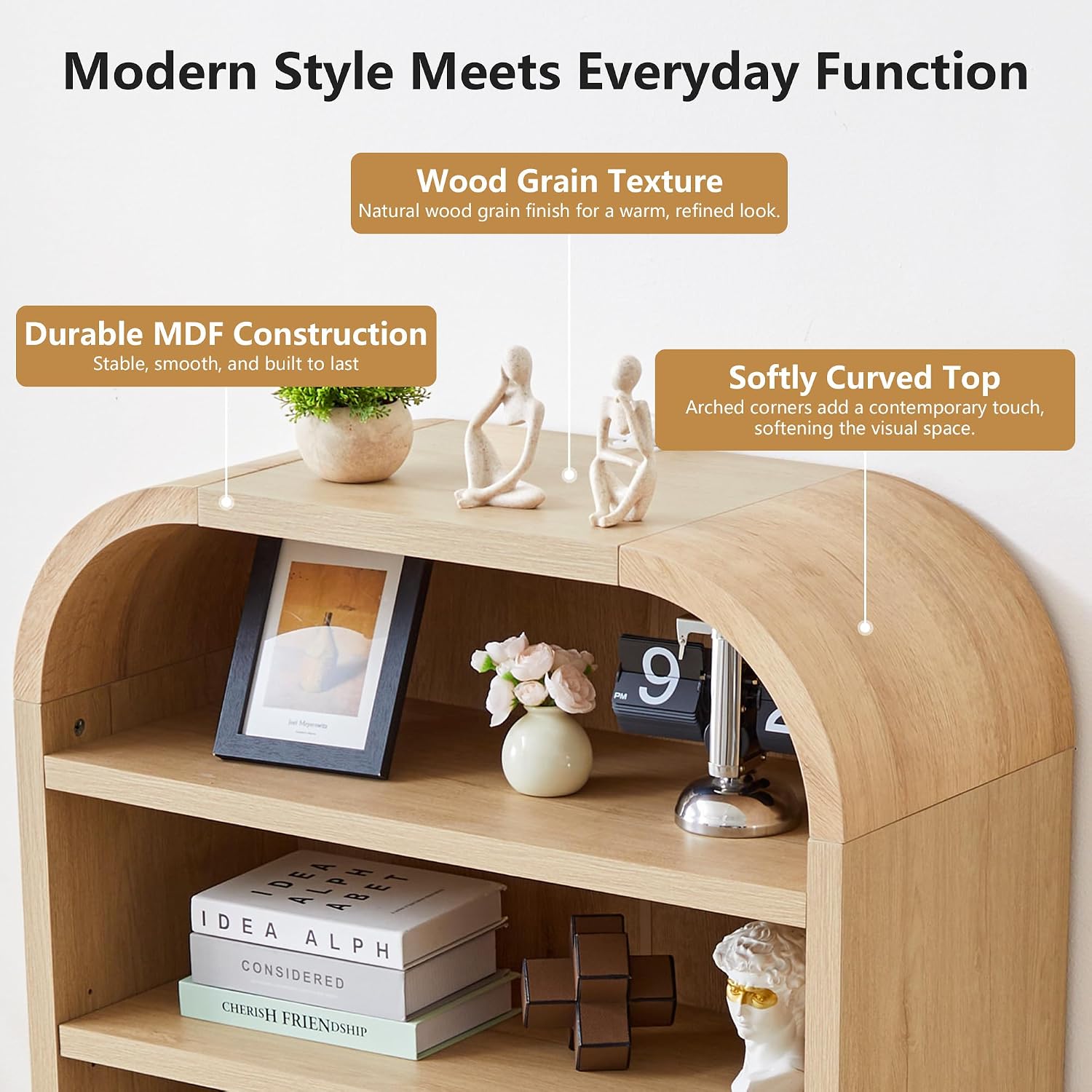 LEVNARY 70' Tall Arched Bookcase, 7-Tier Freestanding Storage Cabinet with Adjustable Shelves, Thick MDF Bookshelf for Bathroom Living Room Bedroom (Natural)