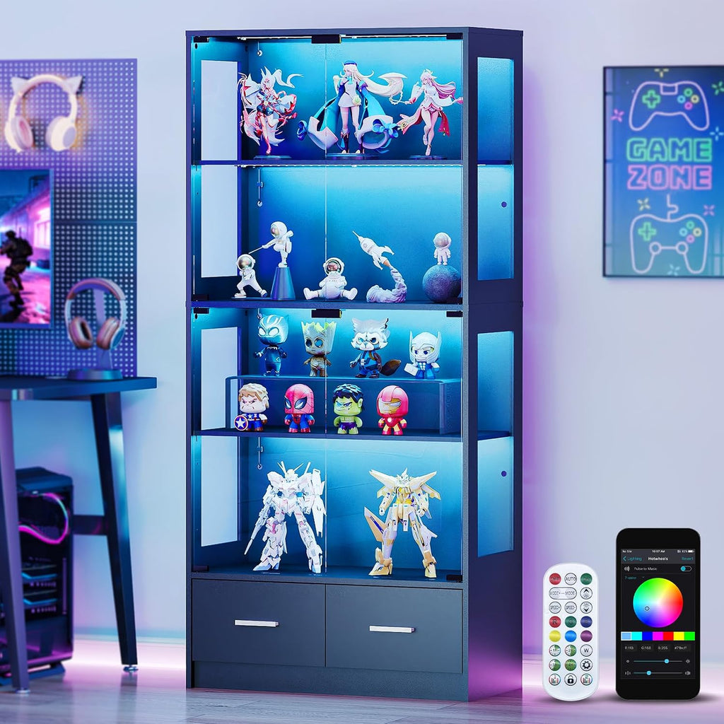 Lamtor 67-inch Glass Display Cabinet – Curio Cabinet with RGB LED Lights, 2 Drawers & Anti-Tip Design for Collectibles, Figures, Living Room | Black
