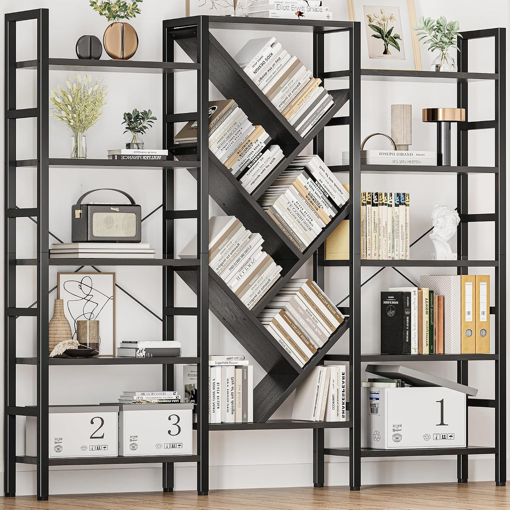 INNOD 70x70' Triple 5 Tier Book Shelf, Large Wooden Bookcase with 17 Open Display Shelf, Modern Tree Bookshelf Metal Frame Tall Book Case Furniture for Living Room Bedroom Home Office Black