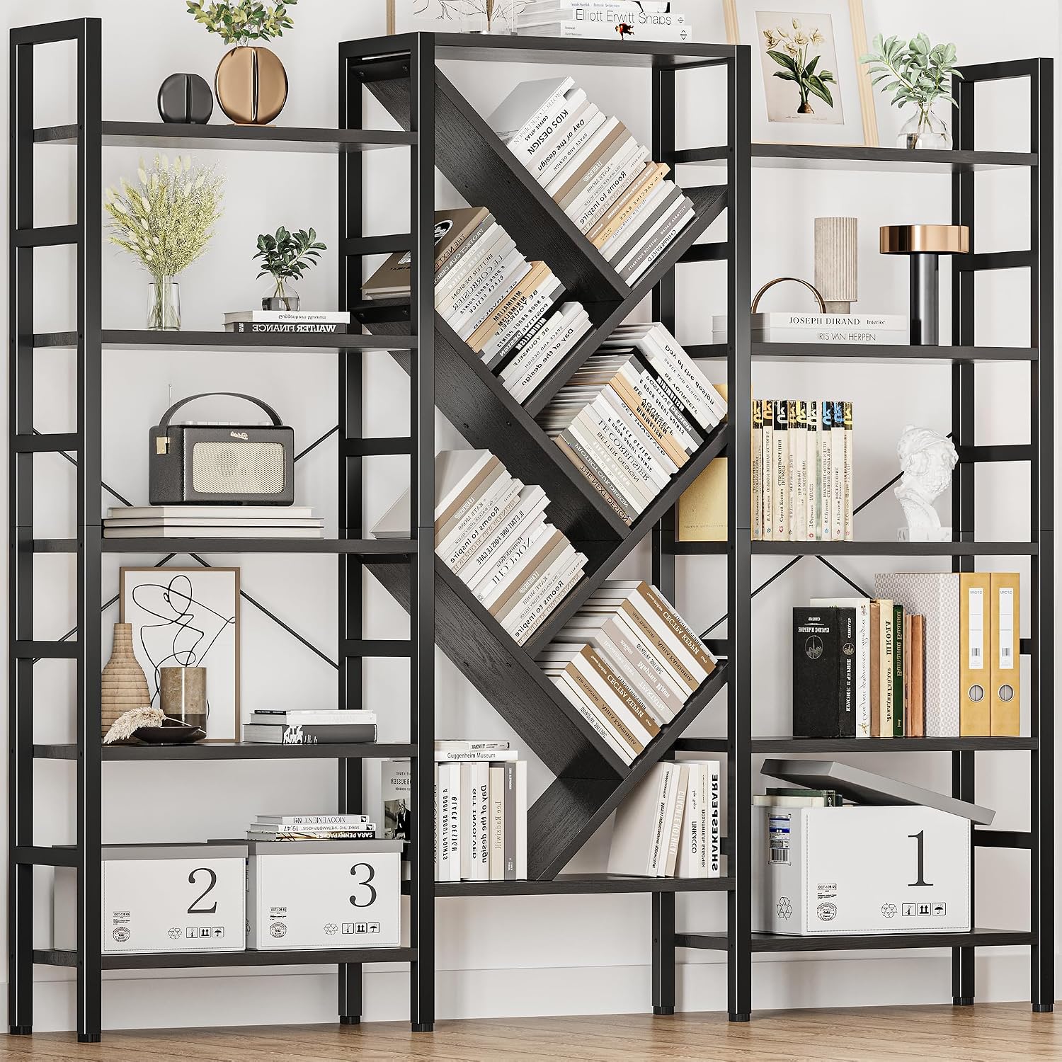 INNOD 70x70' Triple 5 Tier Book Shelf, Large Wooden Bookcase with 17 Open Display Shelf, Modern Tree Bookshelf Metal Frame Tall Book Case Furniture for Living Room Bedroom Home Office Black