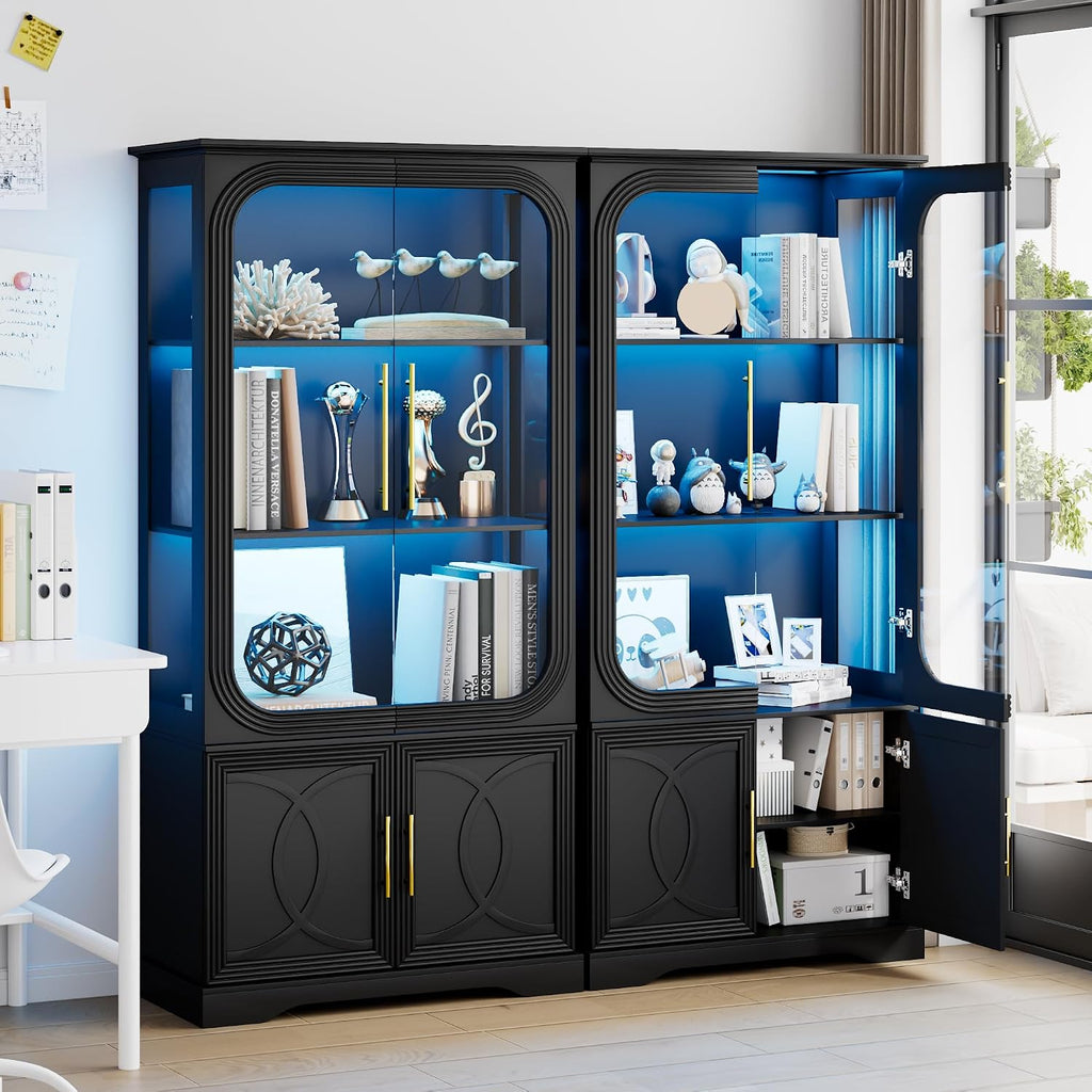 2pc Wood Display Cabinet with Glass Doors, 69' Tall Curio Cabinet with LED Lights, Glass Display Case with Storage and 3 Shelves for Living Room, (Black-2)
