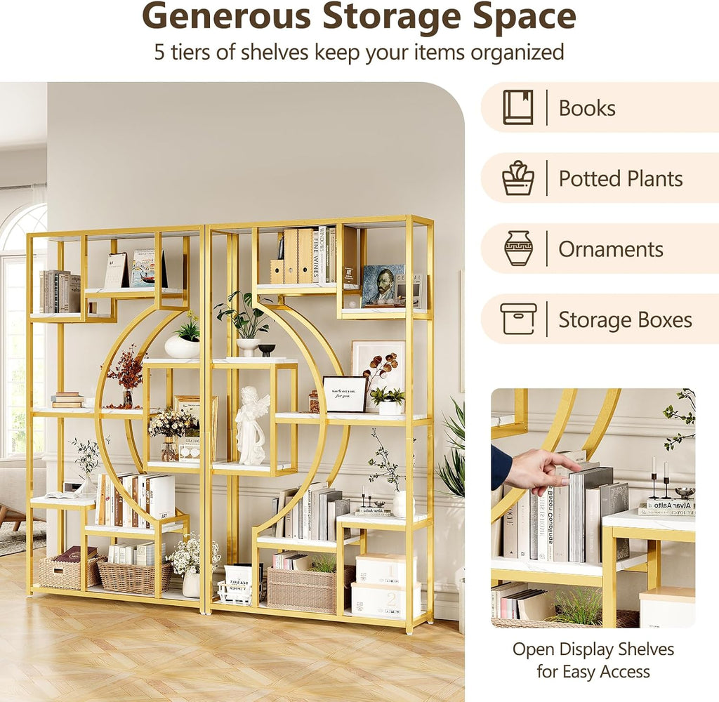 LGHM 79' W Luxury Marble-Patterned White Gold Bookshelf, Modern Geometric Half-Moon Style, Flexible Modular Open Storage Unit for Living Room, Home, Office