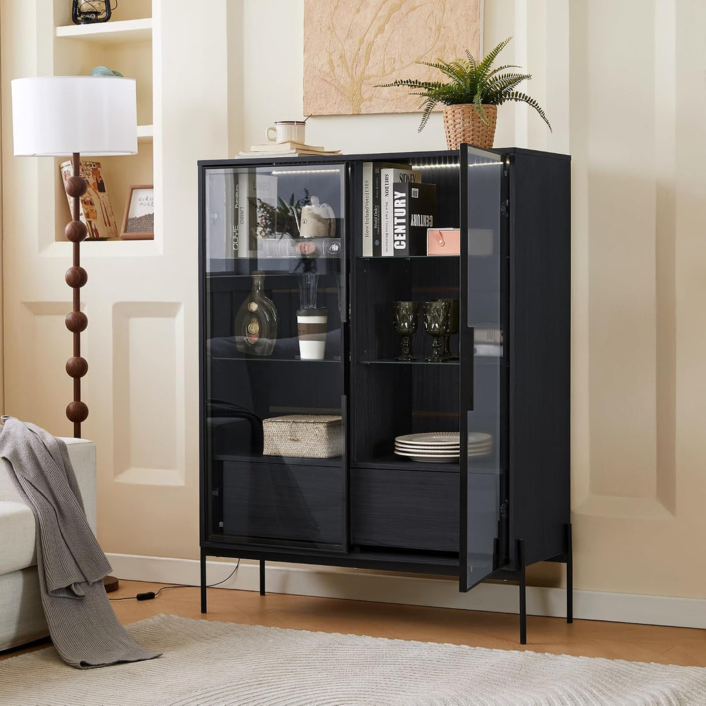 Merax 4 Tier Bookshelf Black Bookcase with Glass Door & 2 Drawers, 51.2' Tall Wood Display Cabinet with Metal Legs for Living Room, Bedroom, Office (Black)