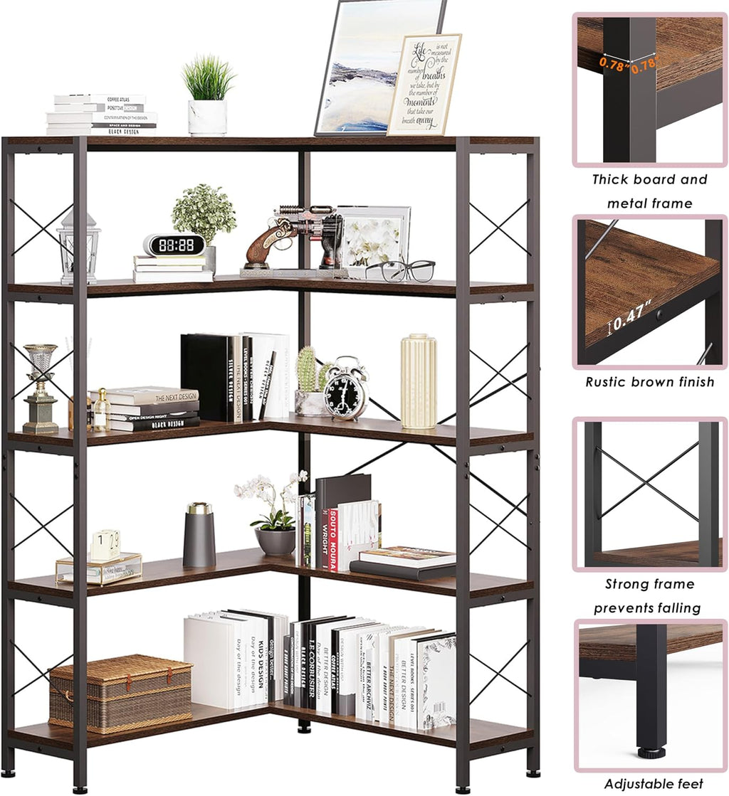 Wildhome 5-Shelf Corner Bookshelf, Vintage Industrial L-Shaped Bookshelf Etagere Bookcase, Large Book Shelf with Metal Frame Open Storage Corner Cabinet (Retro Brown-5 Shelf)