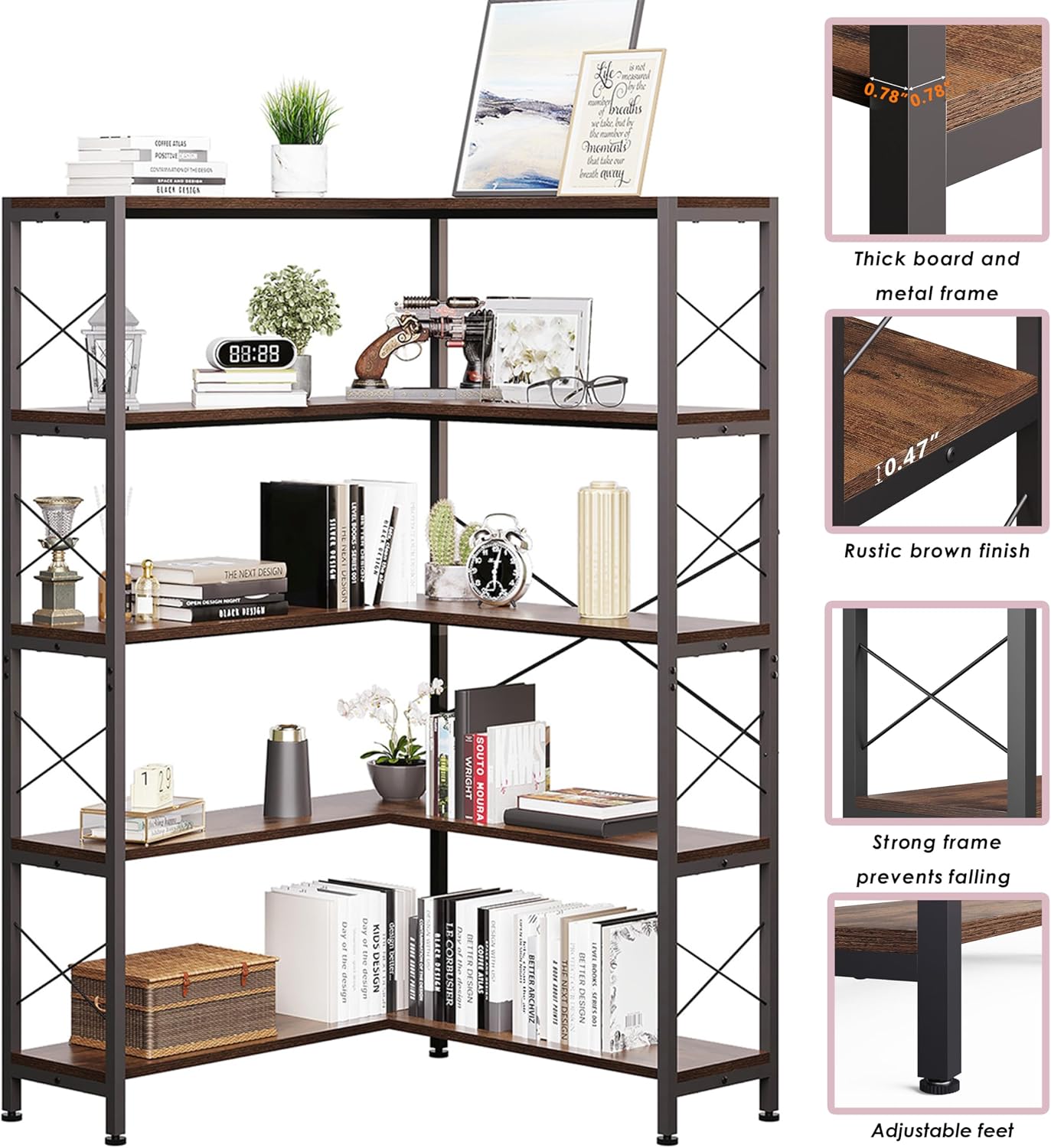 Wildhome 5-Shelf Corner Bookshelf, Vintage Industrial L-Shaped Bookshelf Etagere Bookcase, Large Book Shelf with Metal Frame Open Storage Corner Cabinet (Retro Brown-5 Shelf)