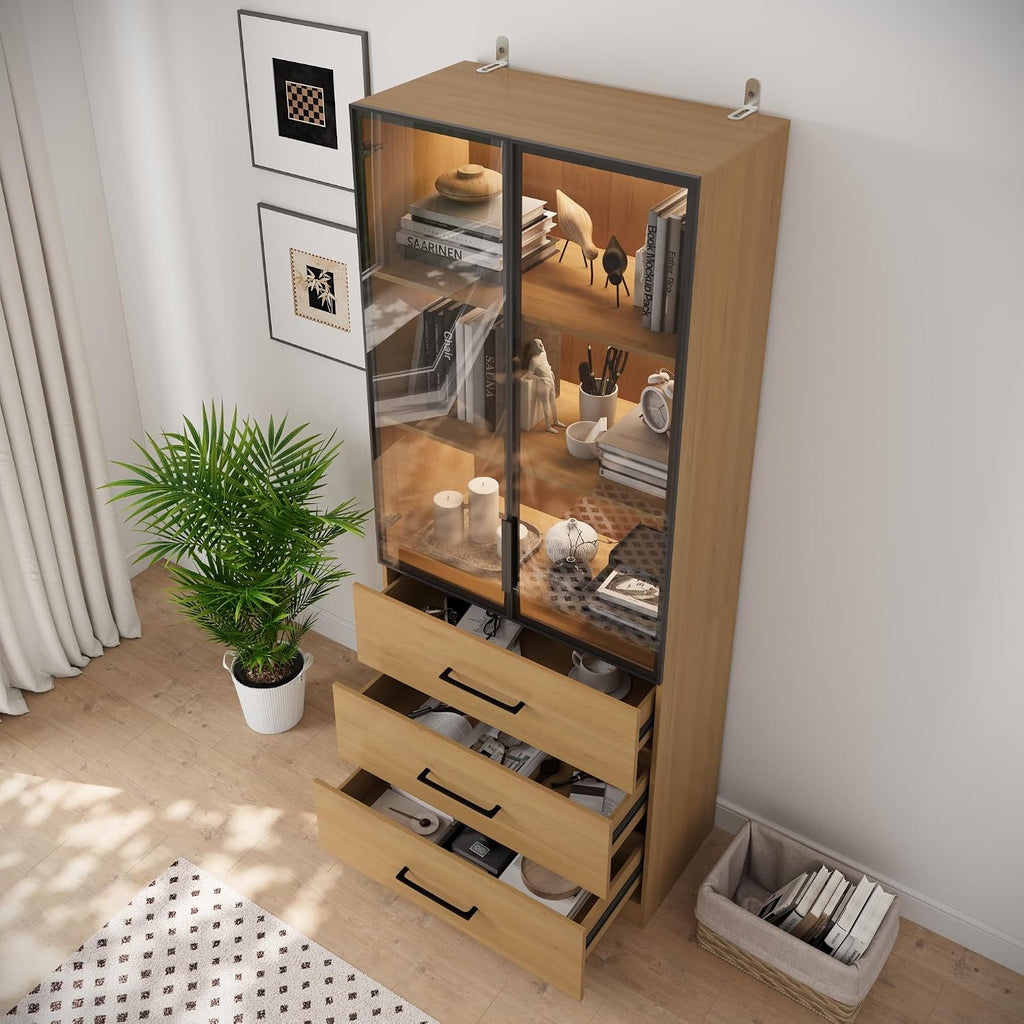 Bobve 78.7' Oak Display Cabinet with 3 Drawers, 3-Tier Storage Cabinet with APP Control LED Lights, Tall Bookcasse Storage Cabinet, LED Display Case for Collectible, Living Room, Office, Kitchen