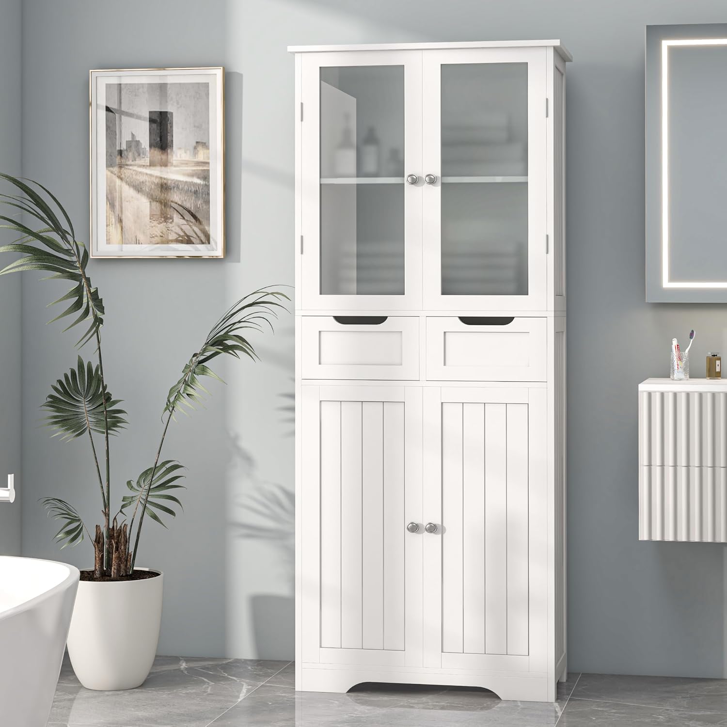 Betterhood 67' Tall Bathroom Storage Cabinet, Freestanding Linen Cabinet with Glass Doors and Shelves, Large Bathroom Pantry Cabinet with 2 Drawers for Living Room, Kitchen, Dining Room, Office, White
