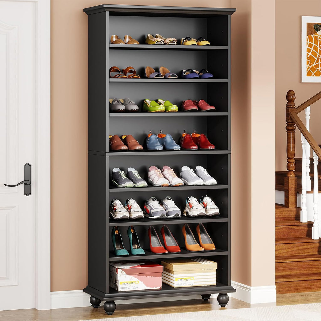 Tribesigns Narrow Tall Shoe Cabinet with LED Lighting, 9-Tier 30 Pairs Freestanding Shoes Storage Cabinet, Wood Shoe Organizer Cabinet with Solid Wooden Legs for Entryway (1, Black)