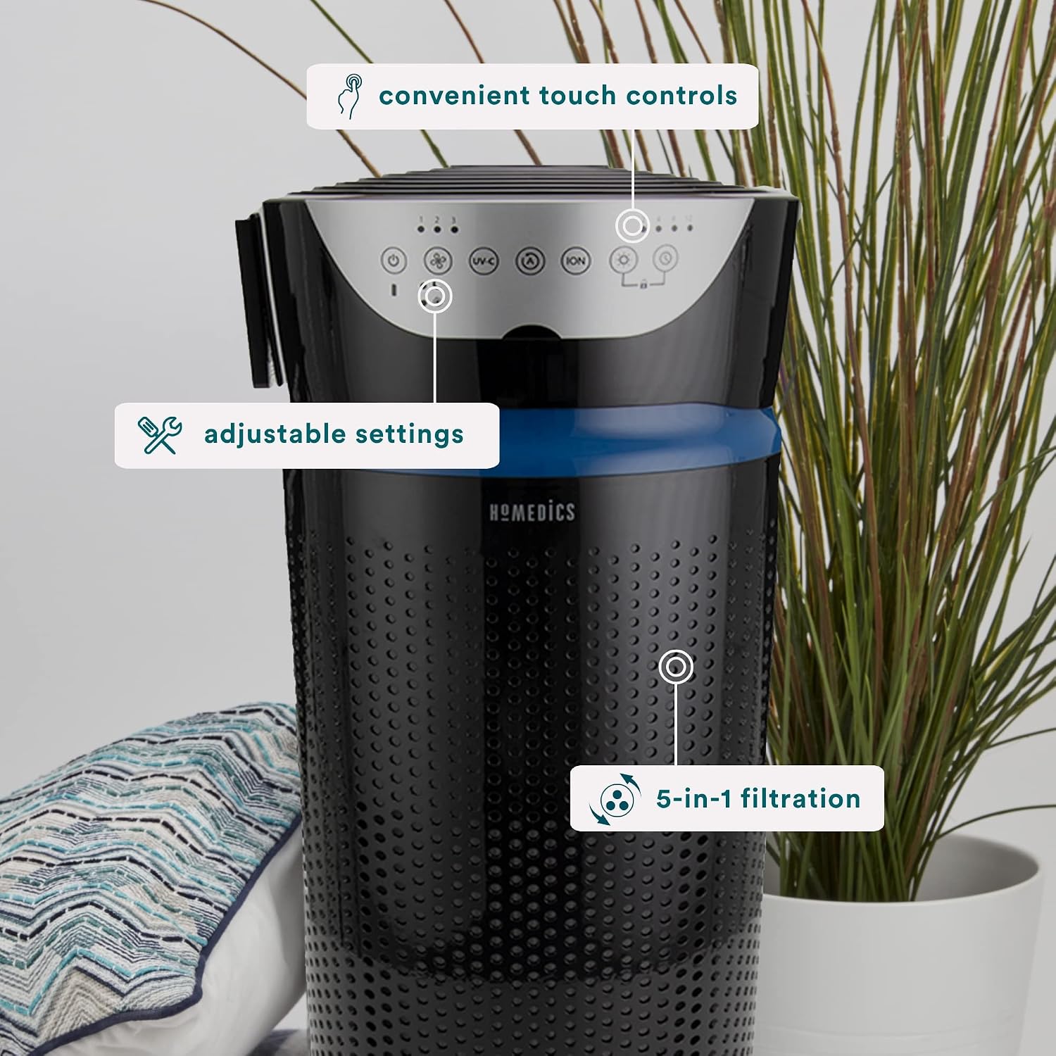Homedics 5-in-1 UV-C Air Purifier - 360-Degree HEPA Filter for 1,593 Sq Ft, Extra Large Air Purifiers for Bedroom and Home, Essential Oil Pads, Built-In Timer, 5 Speed Settings for Large Rooms, Black