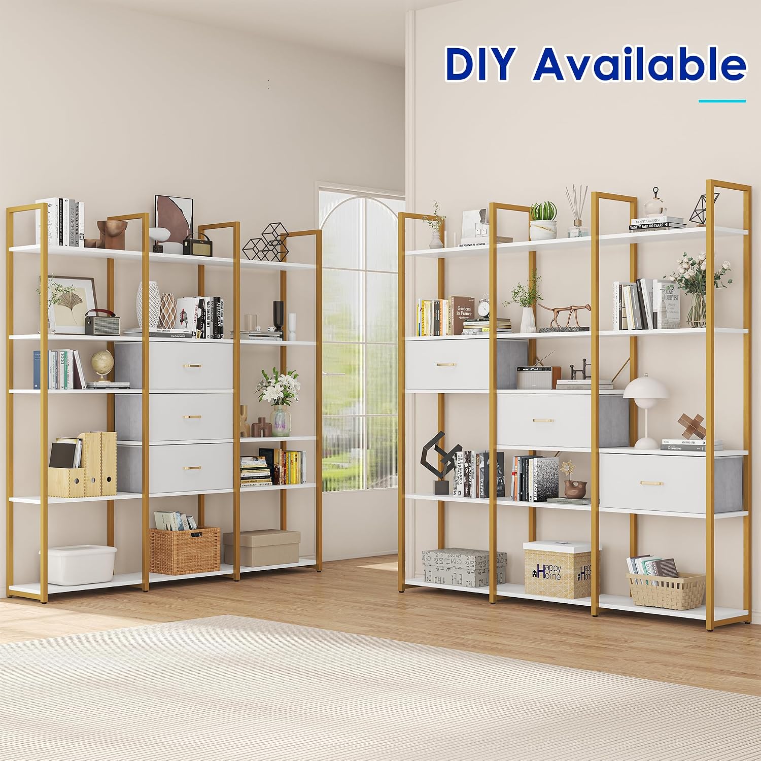 Nosepen 73.6' Tall Bookshelf with 3 Drawers and 16 Storage Shelves, Industrial Bookcase with 16 Open Display Shelves, Large Etagere Bookshelf, Triple Wide Book Shelf Book Case for Home & Office, Gold