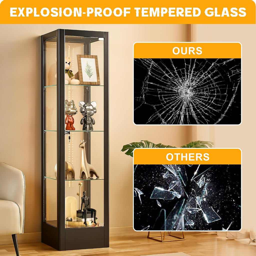 Foreate 4-Tier Glass Display Cabinet Case with 13 Colors Light & Lock, 63' Curio Cabinet with Glass Door & Adjustable Shelves, Thickened 5MM Tempered Glass Collectibles Display Case Bookshelf, Black