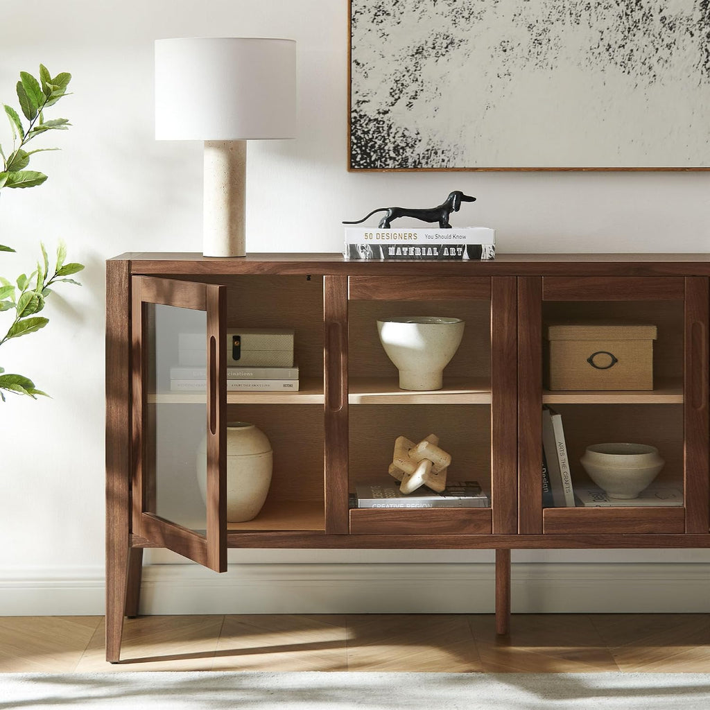 Modway Nell 72 Inch Sideboard Buffet Cabinet with Glass Doors in Walnut – Modern Storage Display Case with Adjustable Shelves for Dining Room, Kitchen, Living Room