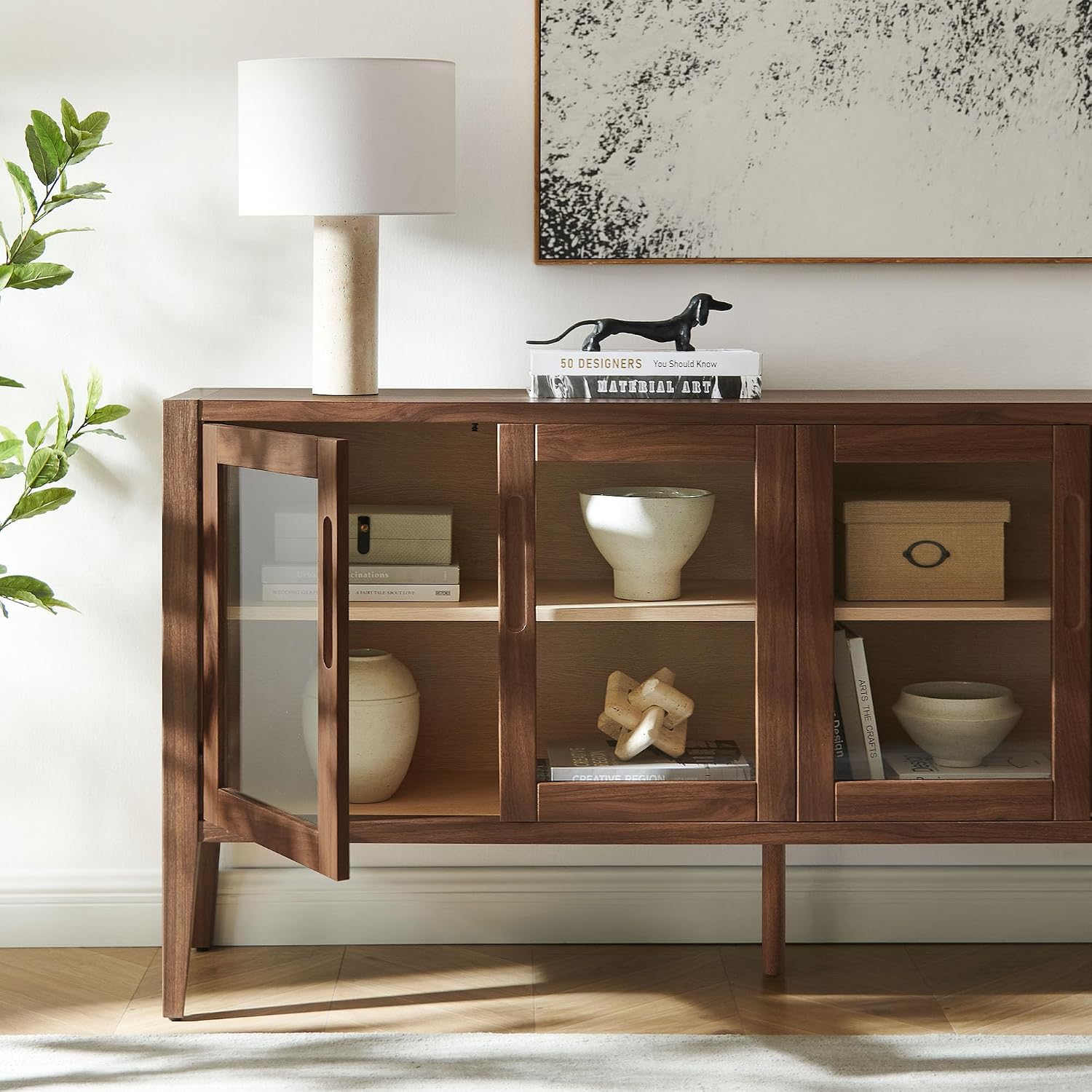 Modway Nell 72 Inch Sideboard Buffet Cabinet with Glass Doors in Walnut – Modern Storage Display Case with Adjustable Shelves for Dining Room, Kitchen, Living Room