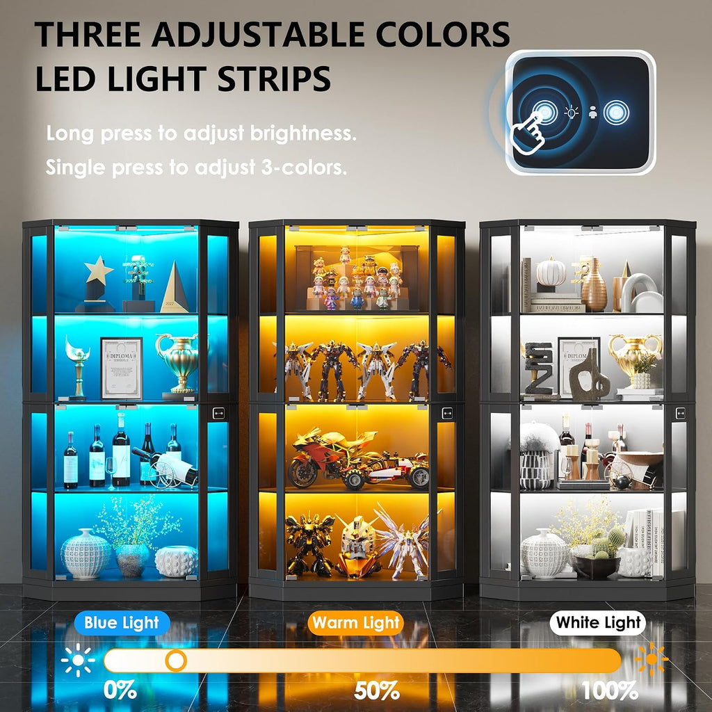PAKASEPT Corner Display Cabinet with Glass Doors, 66.3'Corner Curio Cabinets with LED Lights, 4-Tier Display Shelf with Human Body Sensor for Toys, Books, Collectibles