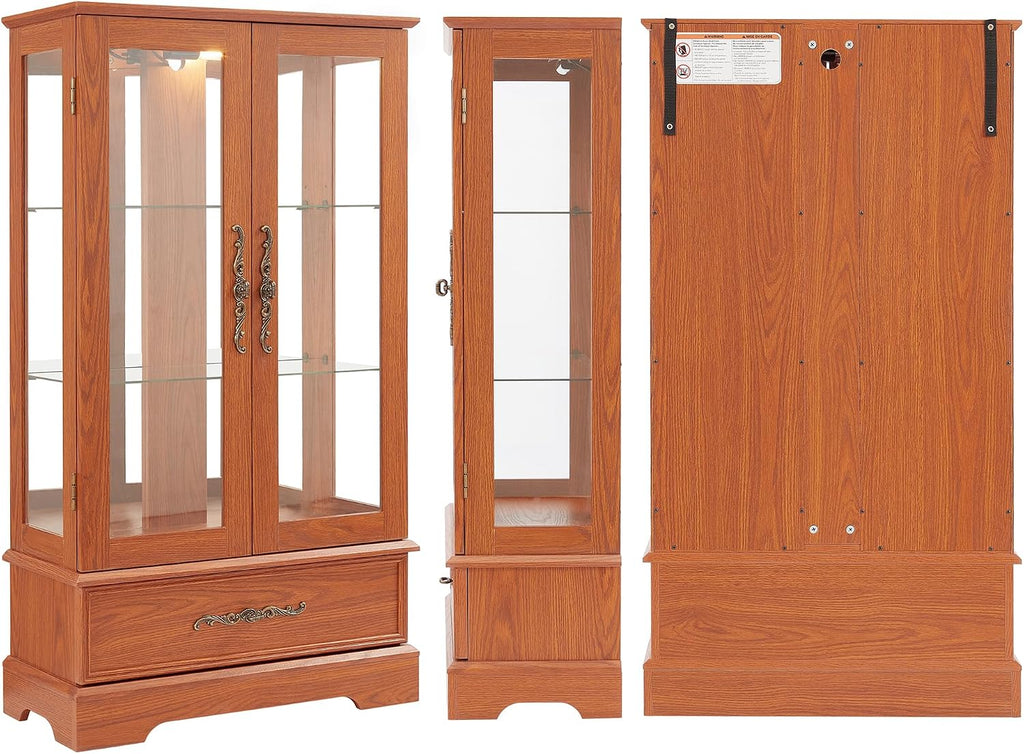 3-Tier Lighted Glass Curio Display Cabinet, 47' H Glass Accent Storage Cabinet with Adjustable Shelves & 1 Drawer, Wooden Wine Display Case with Mirrored Back Panel for Living Room(Dark Oak)