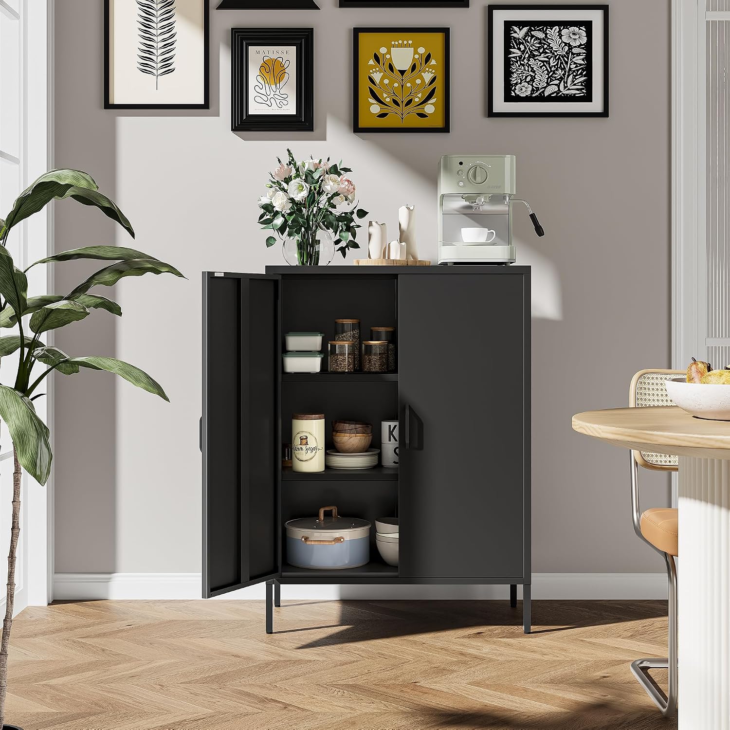 Bevivog Metal Locker Storage Cabinet, Home Office Metal Storage Cabinet Small Sideboard with 2 Doors and 2 Adjustable Shelves,40' Counter Cabinets for Office Garage Bathroom Living Room Hallway