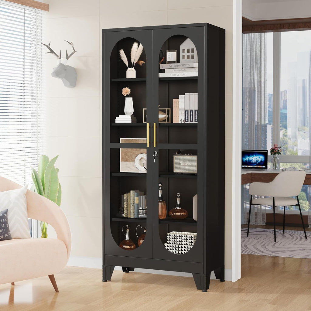 GAIOUS 71' Tall Display Cabinet with Glass Door, 5 Tier Metal Curio Cabinet with 4 Adjustable Shelves, Locking Glass Display Case for Collectibles, Showcase Storage Cabinets for Showroom Clinic, Black