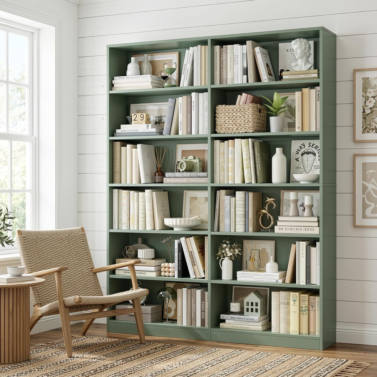 FACBOTALL Bookshelf and Bookcase, 6-Tier Double Wide Bookshelves, Freestanding Display Storage Shelves, Tall Bookcases for Home Decor Bedroom, Living Room, Home Office, Green