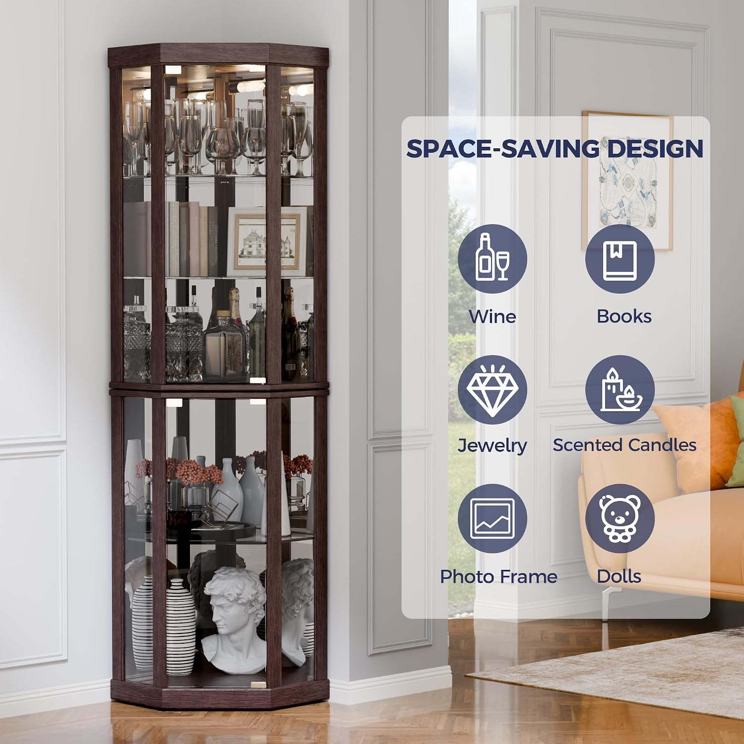 Lighted 3-Side Glass Display Curio Cabinet, Accent Wooden Corner Cabinet with Elegant Glass Door, Wooden Storage Display Case for Living Room, Dining Room, Dark Cherry