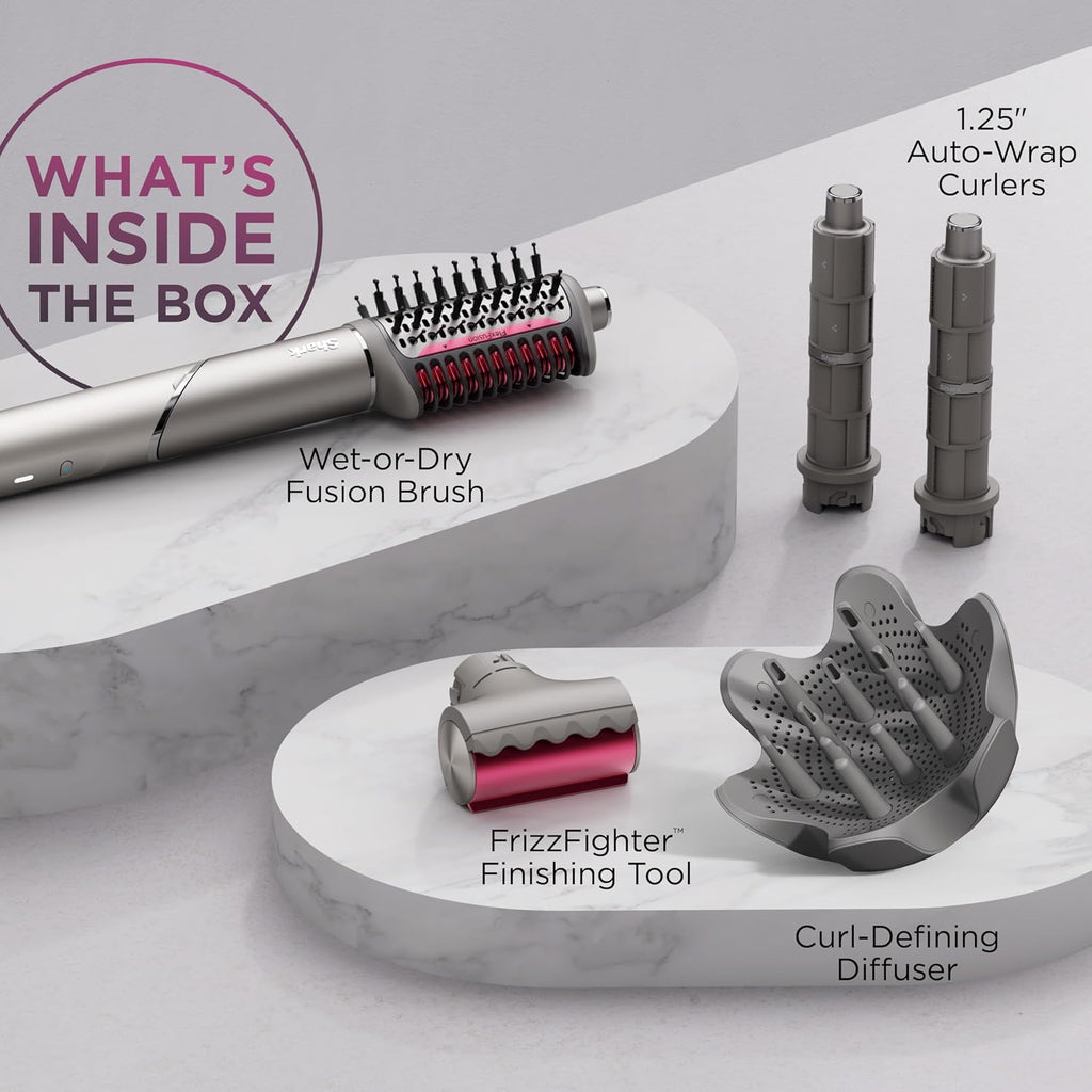 Shark FlexFusion Hair Dryer with Fusion Hair Brush, Diffuser, Ceramic Air Styler with Auto-Wrap Hair Curlers, Ceramic Plates, Metallic Mist HD642