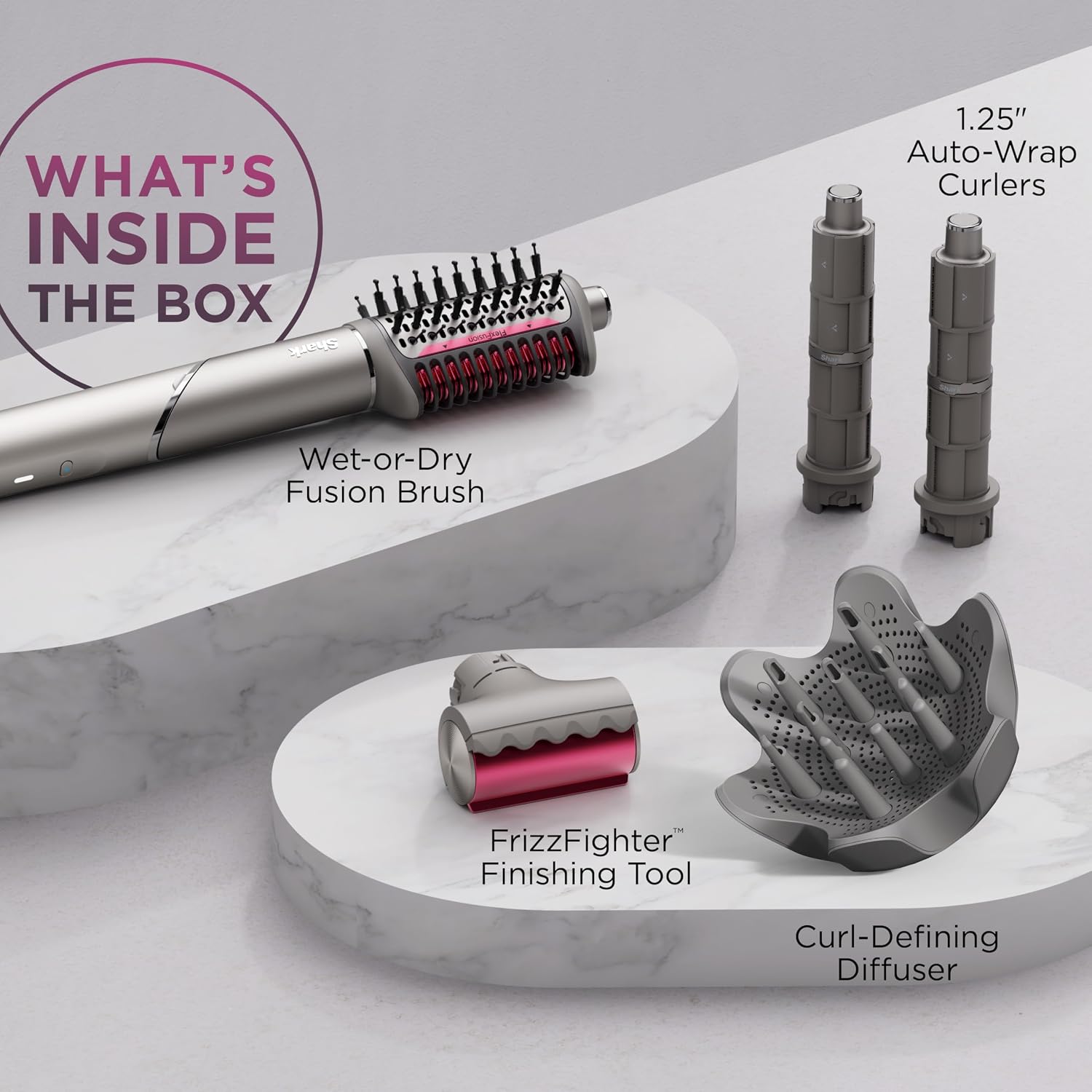Shark FlexFusion Hair Dryer with Fusion Hair Brush, Diffuser, Ceramic Air Styler with Auto-Wrap Hair Curlers, Ceramic Plates, Metallic Mist HD642