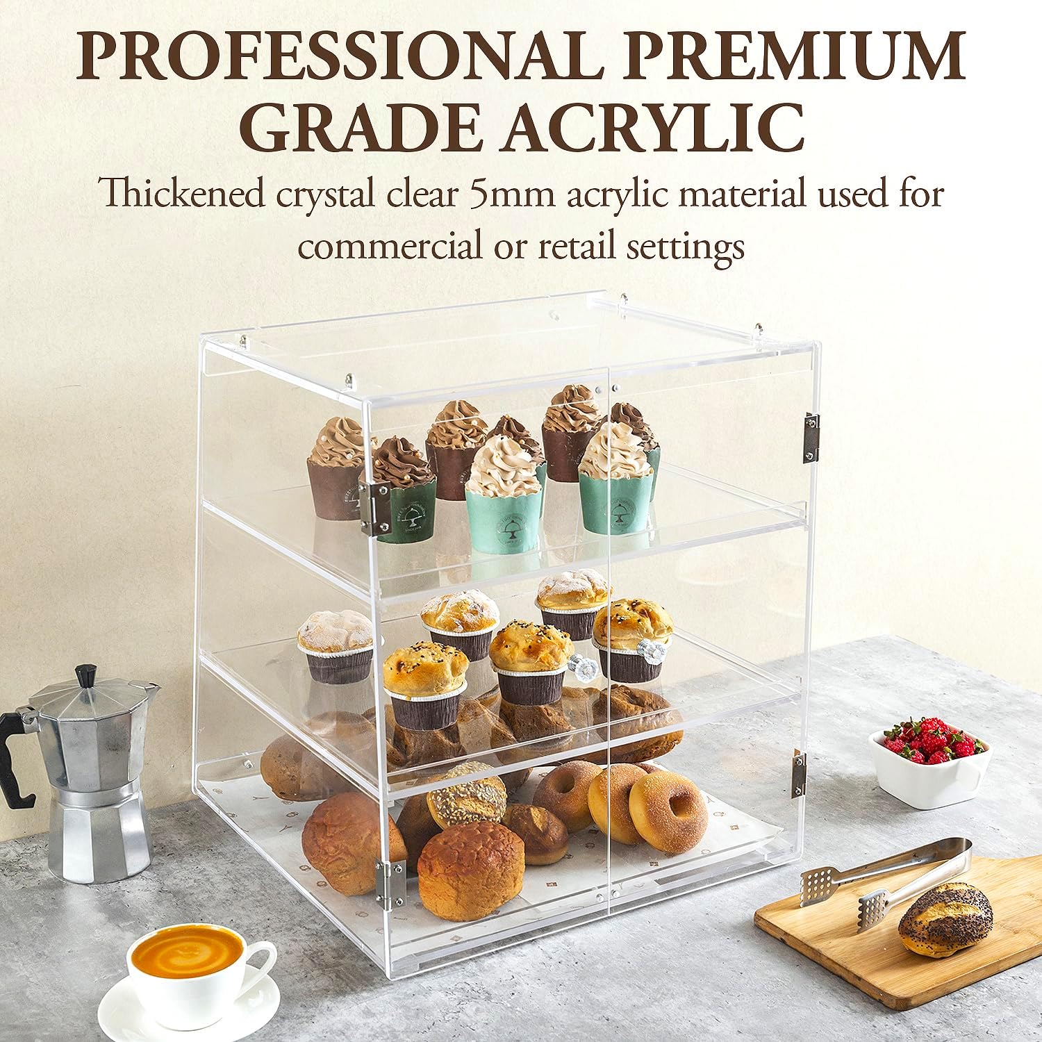 MyGift Pastry Display Case,Cookie Display, Professional-Grade Retail Bakery Display Case,3 Tier Premium Clear Acrylic Bread Box,with Removable Trays and Magnetic Rear Doors for Home or Commercial Use