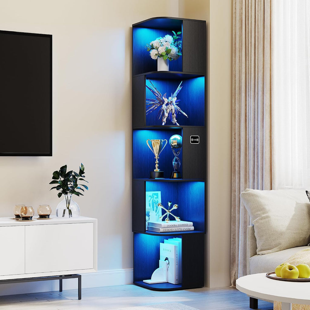 5 Shelf Bookcase - Corner Bookshelf with 3 Colors LED Sensor Lights Modern Cube Storage Organizer for Lego Books Living Room Study Bedroom - Ideal Gift (Black)