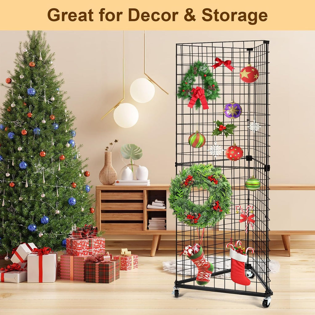 GADFISH Triangular Gridwall Panel Display Stand, Black Triangle Wire Grid Tower with Base and Casters, 24' x 68' Rolling Grid Wall, Panel Stand for Home Organization, Retail, Trade Show, Vendor